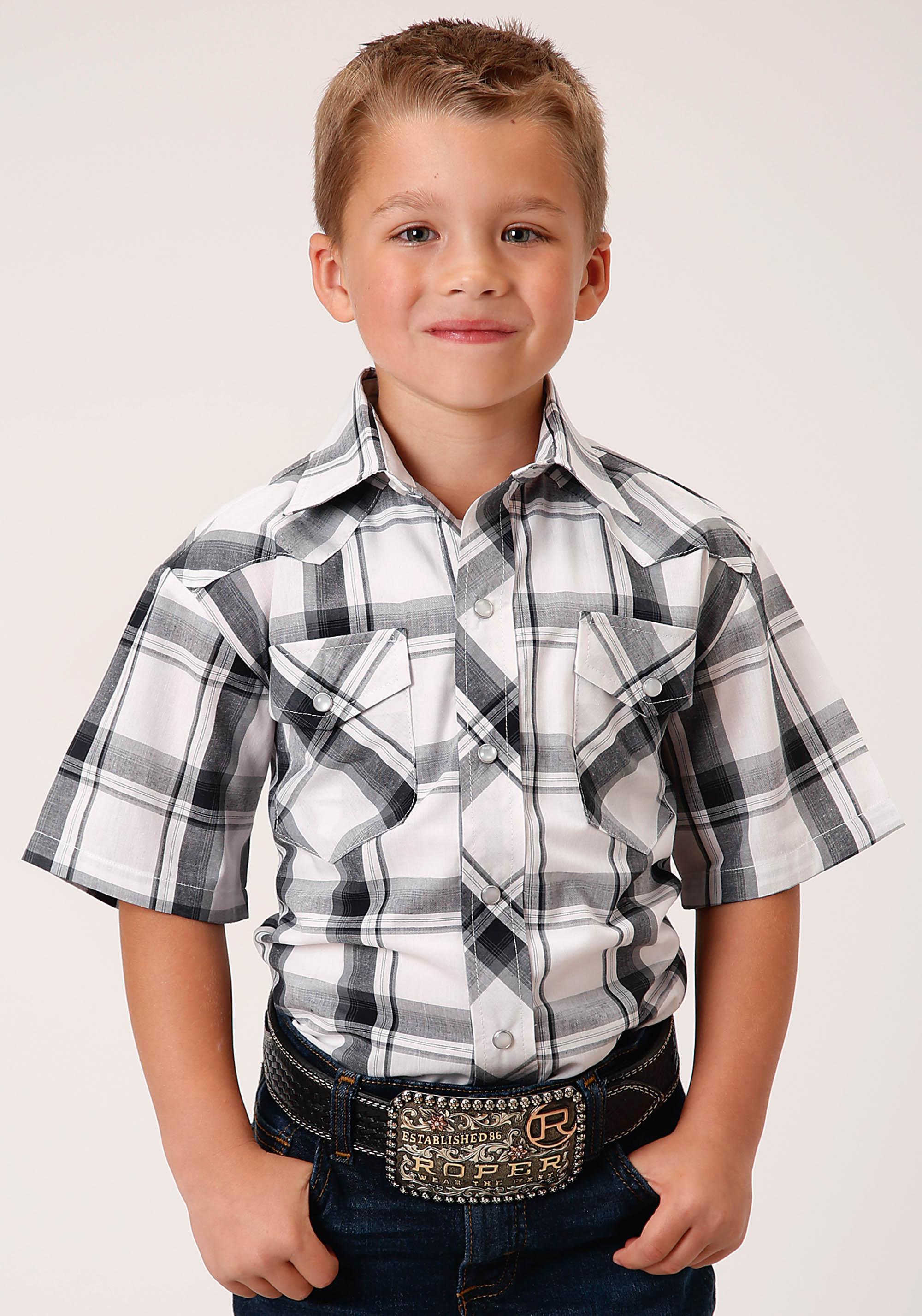 Karman Classics- 55/45 Plaids Boys 1505 White, Black, Grey Plaid