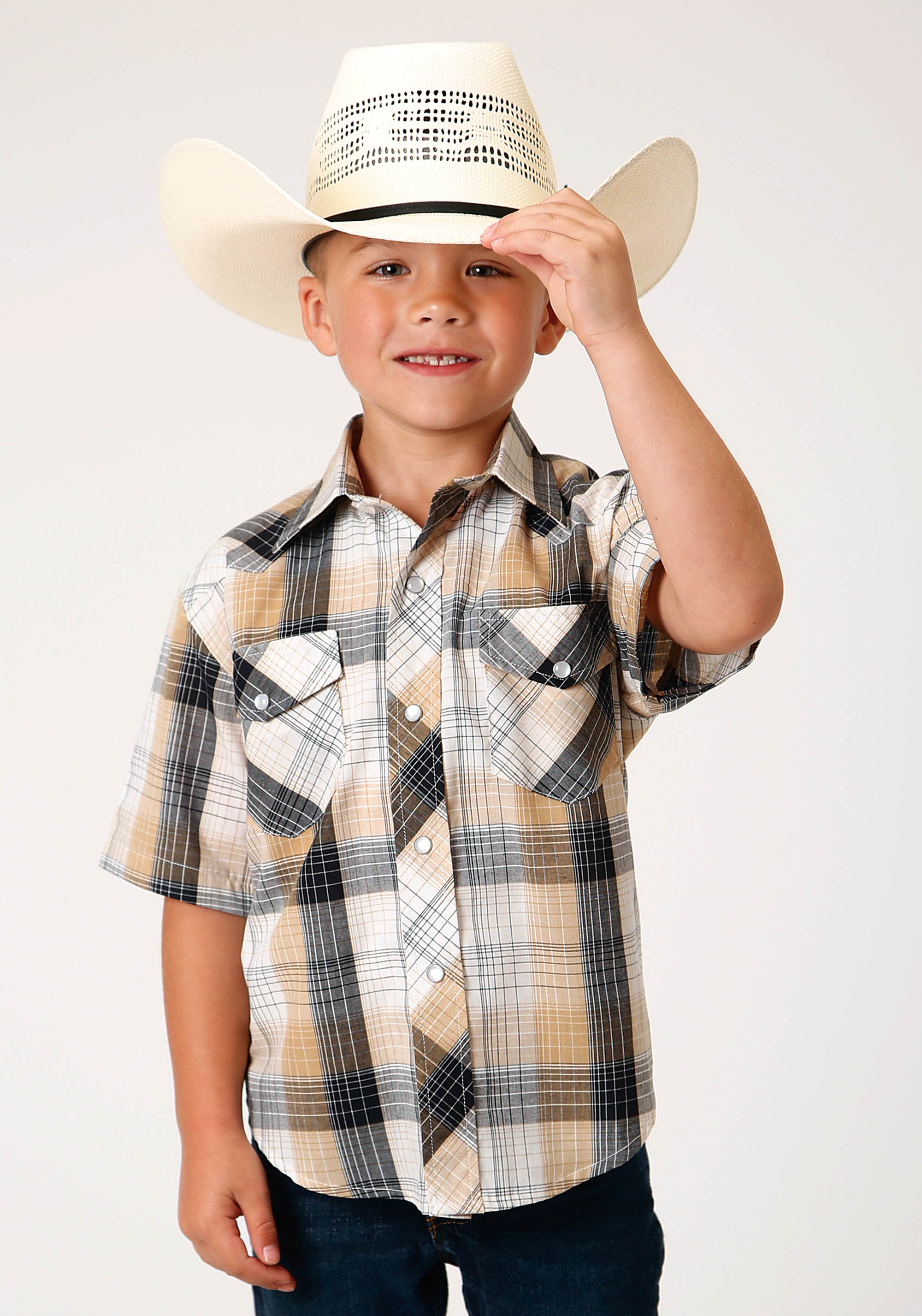 Karman Classics- 55/45 Plaids Boys 1514 Black, Khaki, White Plaid