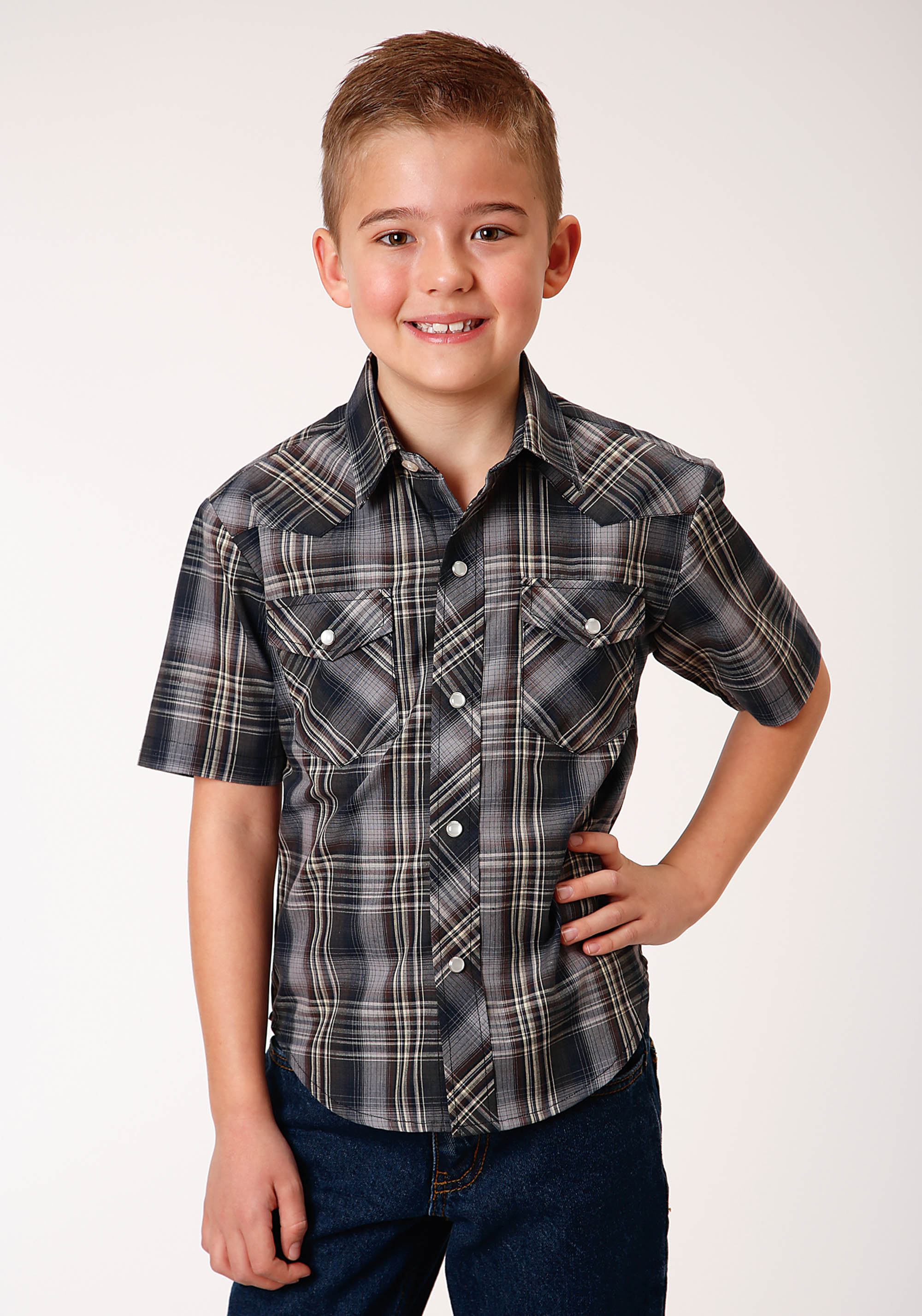 Karman Classics- 55/45 Plaid Boys Blue 01014 Navy, Brown & Cream Plaid