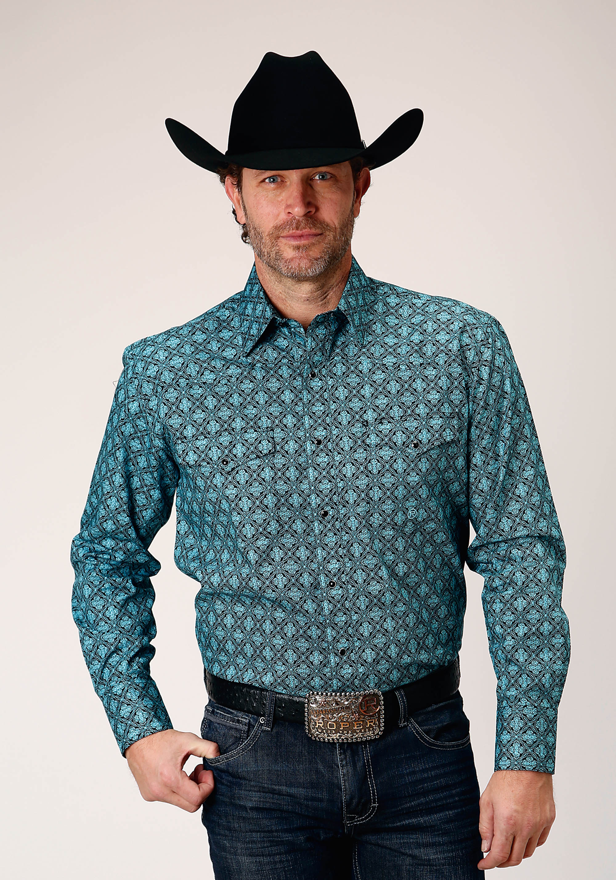 Men’s Amarillo Collection – Black Canyon Mens Blue 1845 Lattice Medallion Print