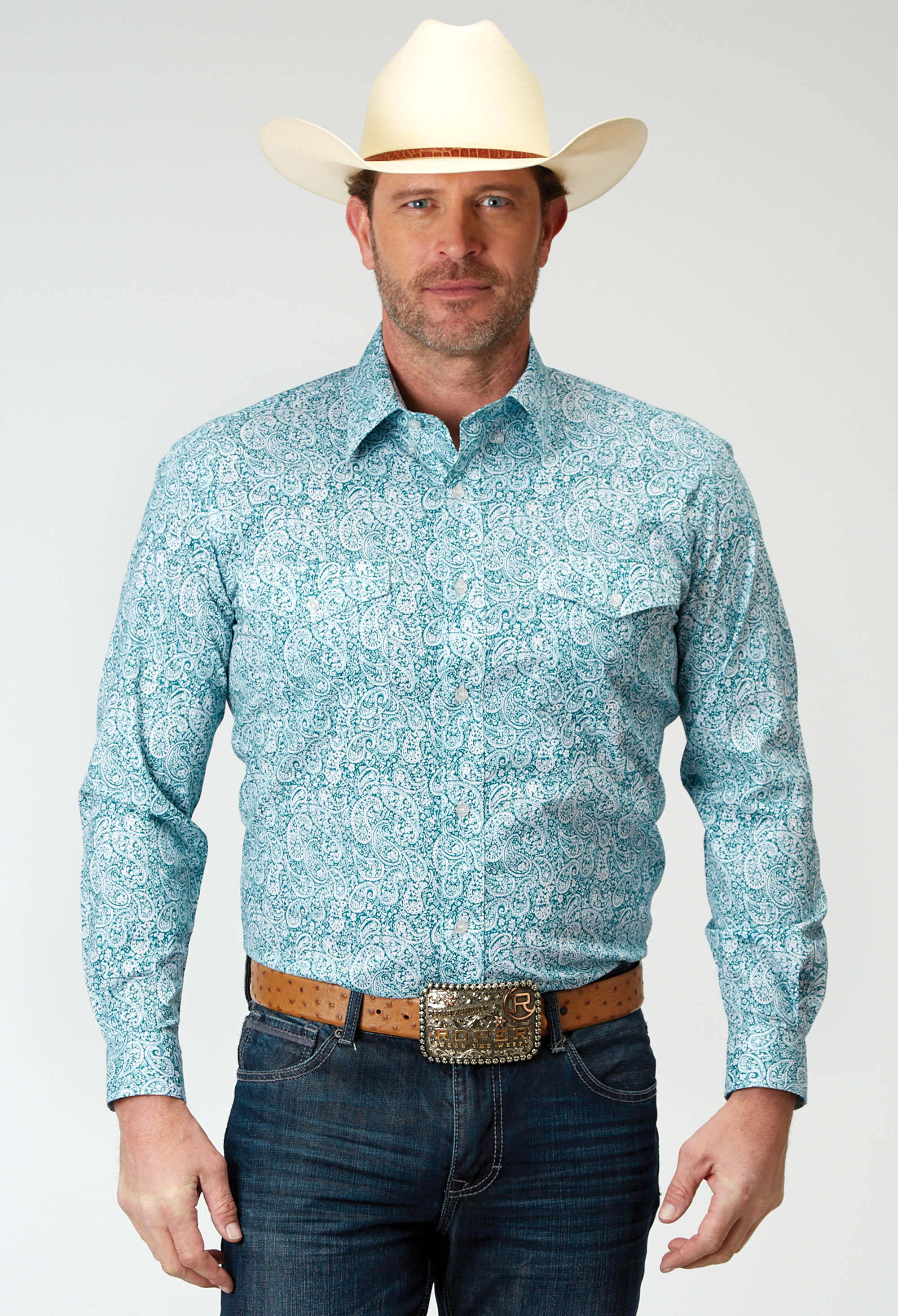 Men’s Amarillo Collection- Stretch Mens 1944 Stretch Poplin – Teal Paisley