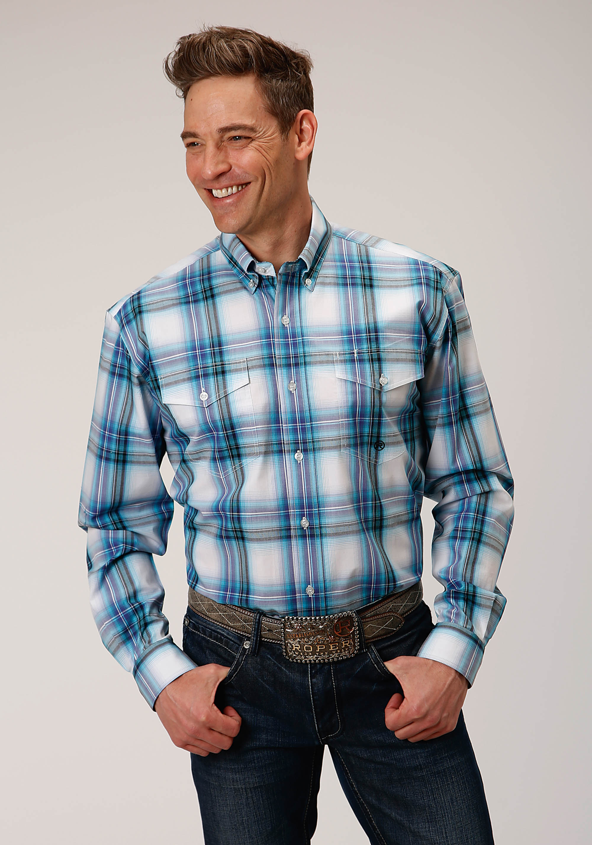 Men’s Amarillo Collection- Purple Sage Mens Teal 01006 Clear Sky Plaid