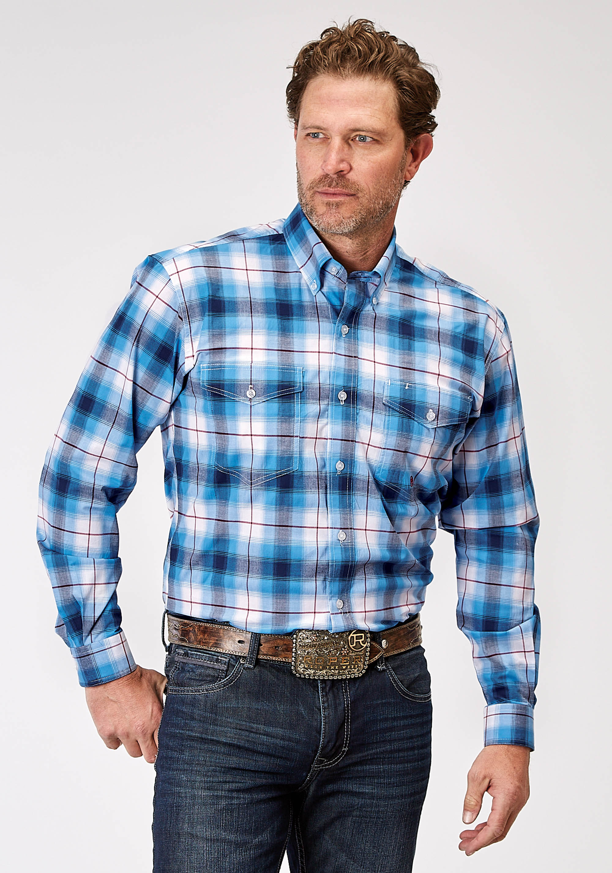 Men’s Amarillo Collection- Stretch Mens 1945 Stretch Poplin – Blue Plaid