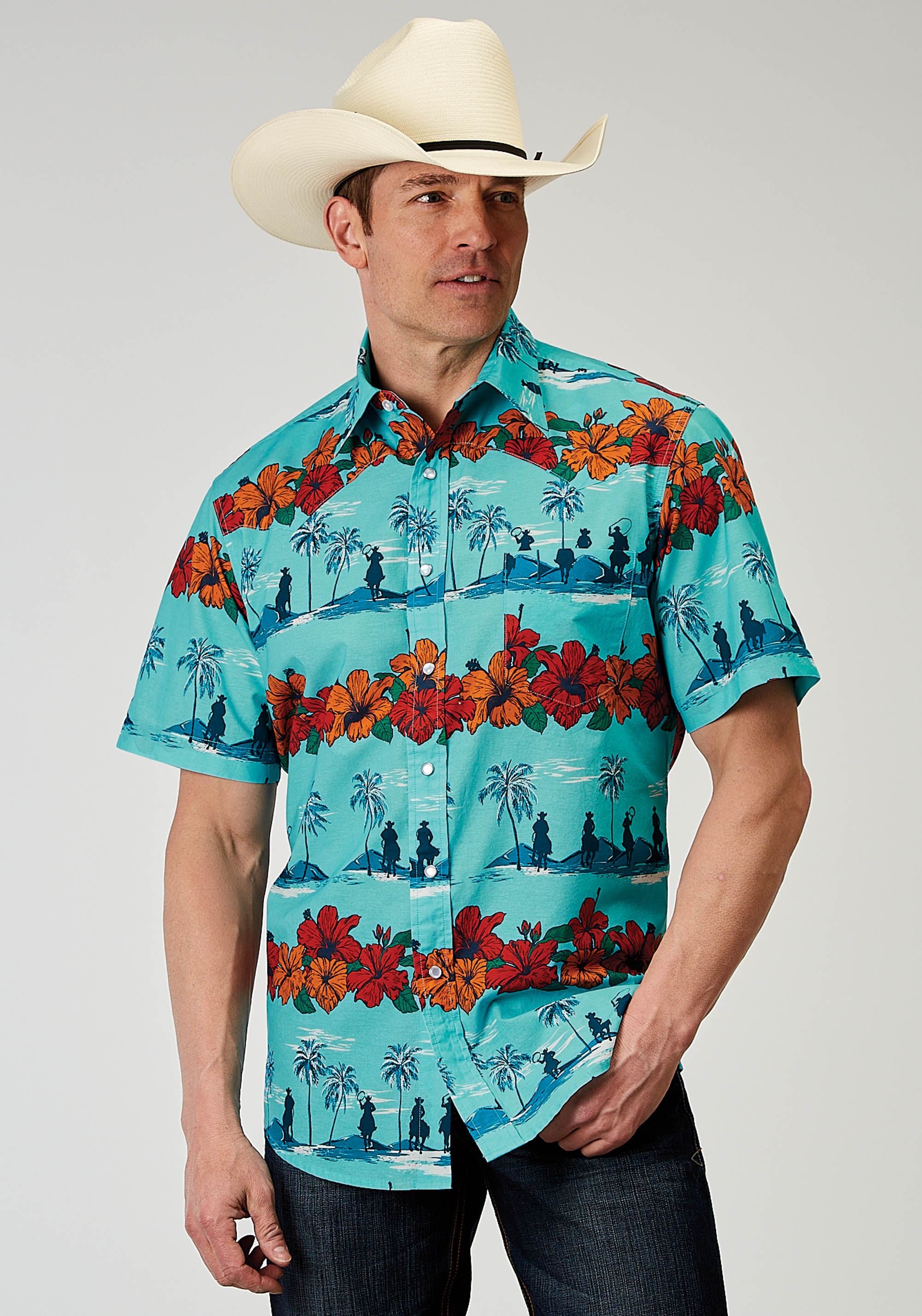 West Made Collection Mens Blue 1900 Hawaiian Print