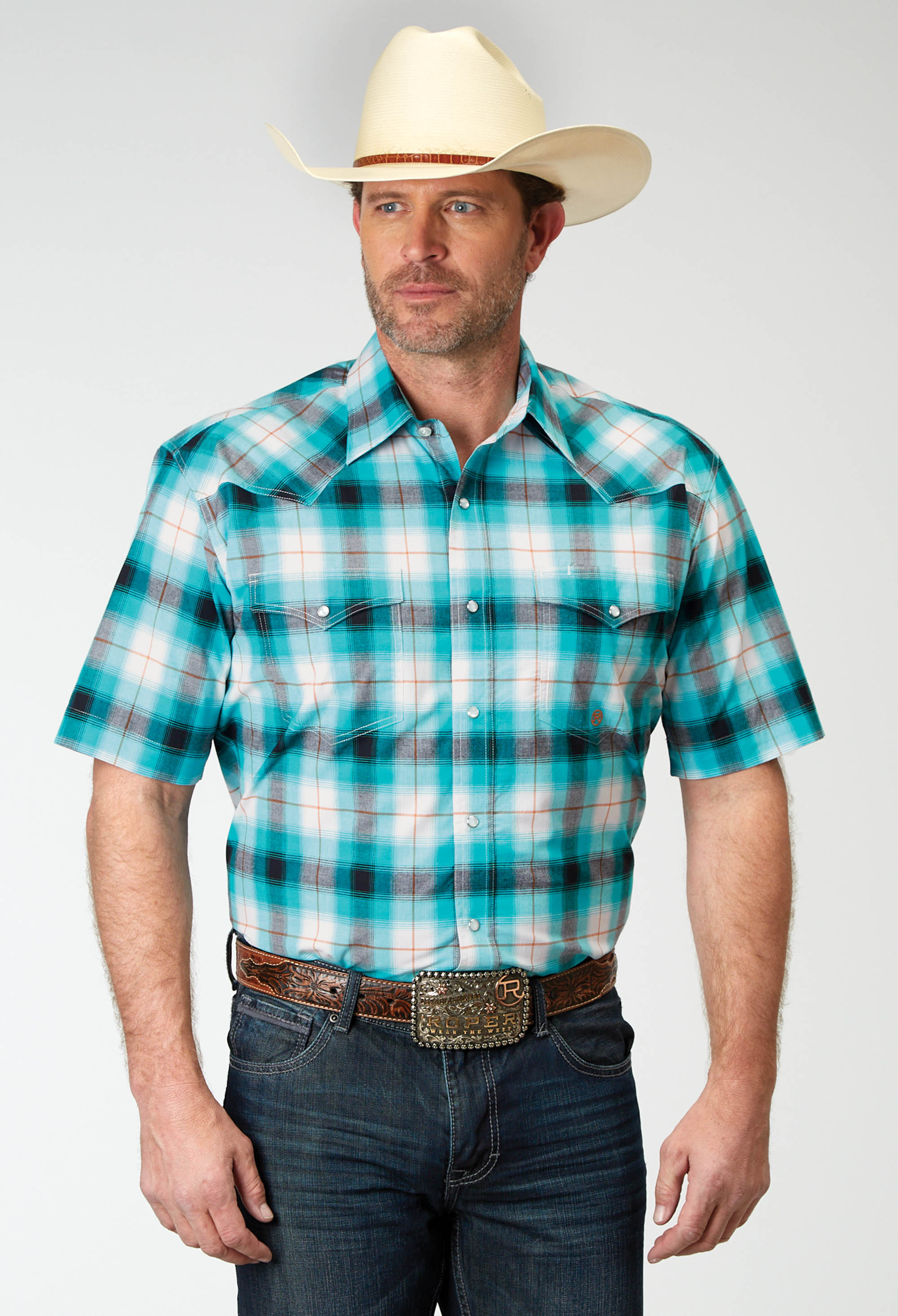 Men’s Amarillo Collection- Stretch Mens 1945 Stretch Poplin – Turquoise Plaid