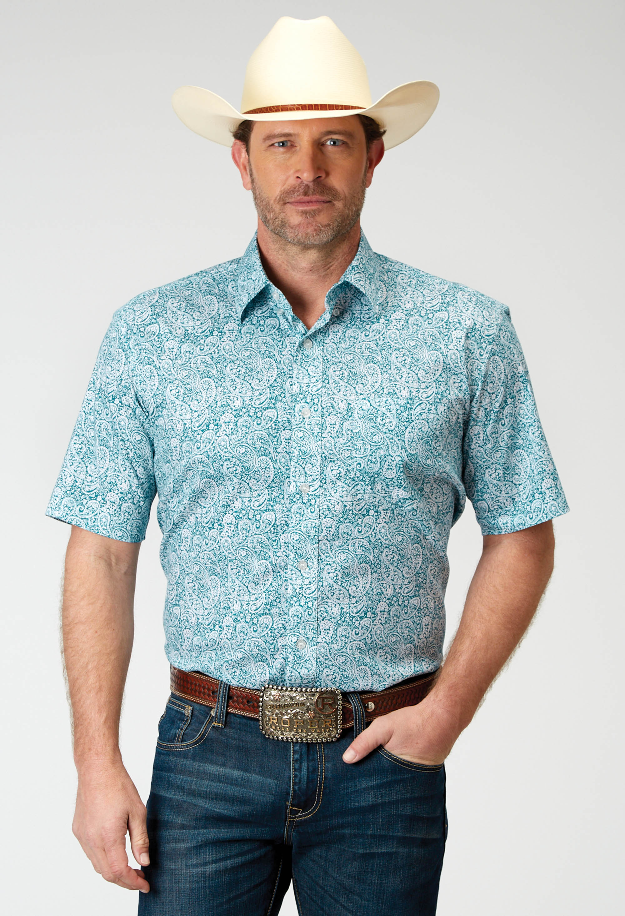 Men’s Amarillo Collection- Stretch Mens Green 1944 Stretch Poplin – Teal Paisley