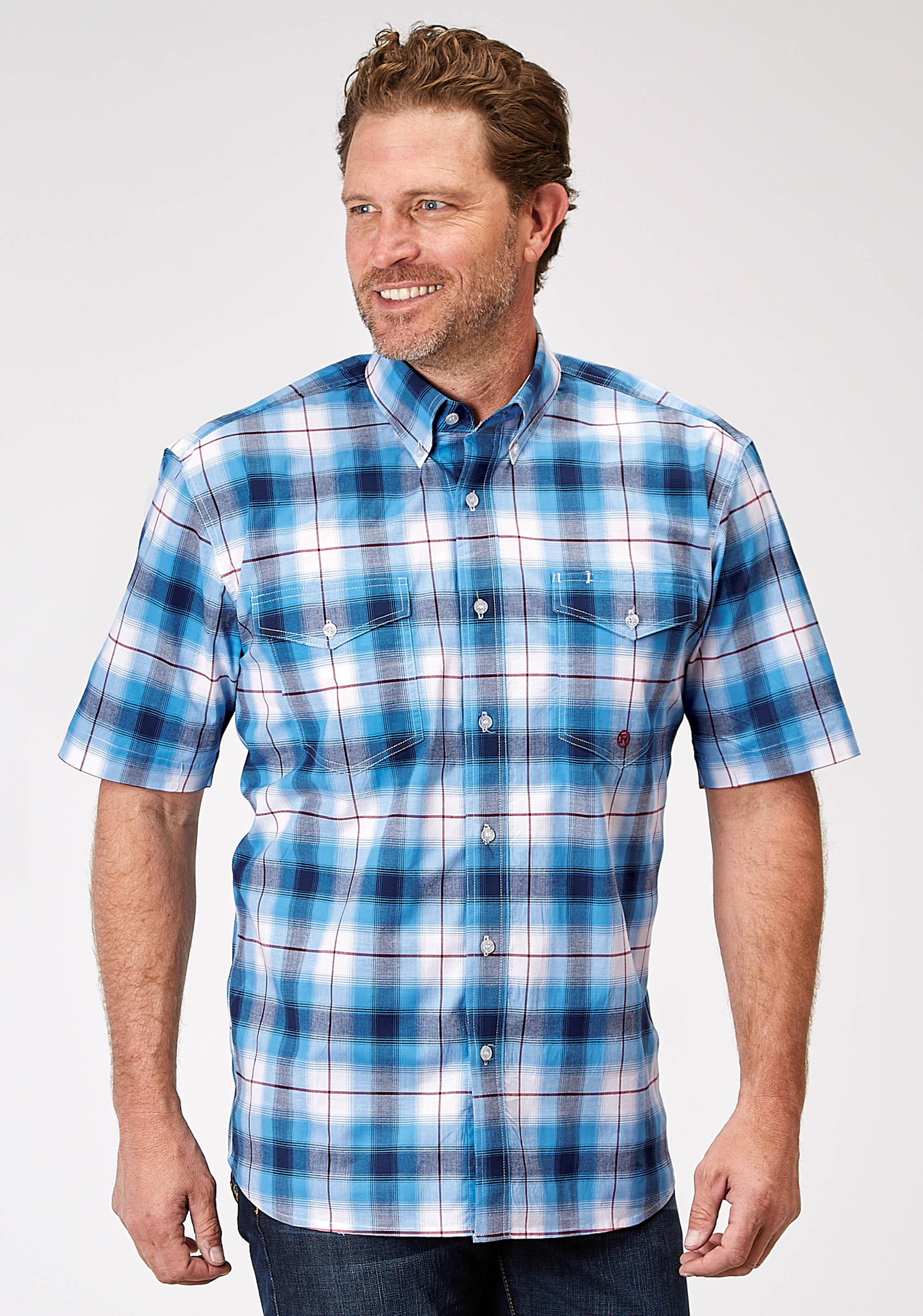 Men’s Amarillo Collection- Stretch Mens 1945 Stretch Poplin – Blue Plaid