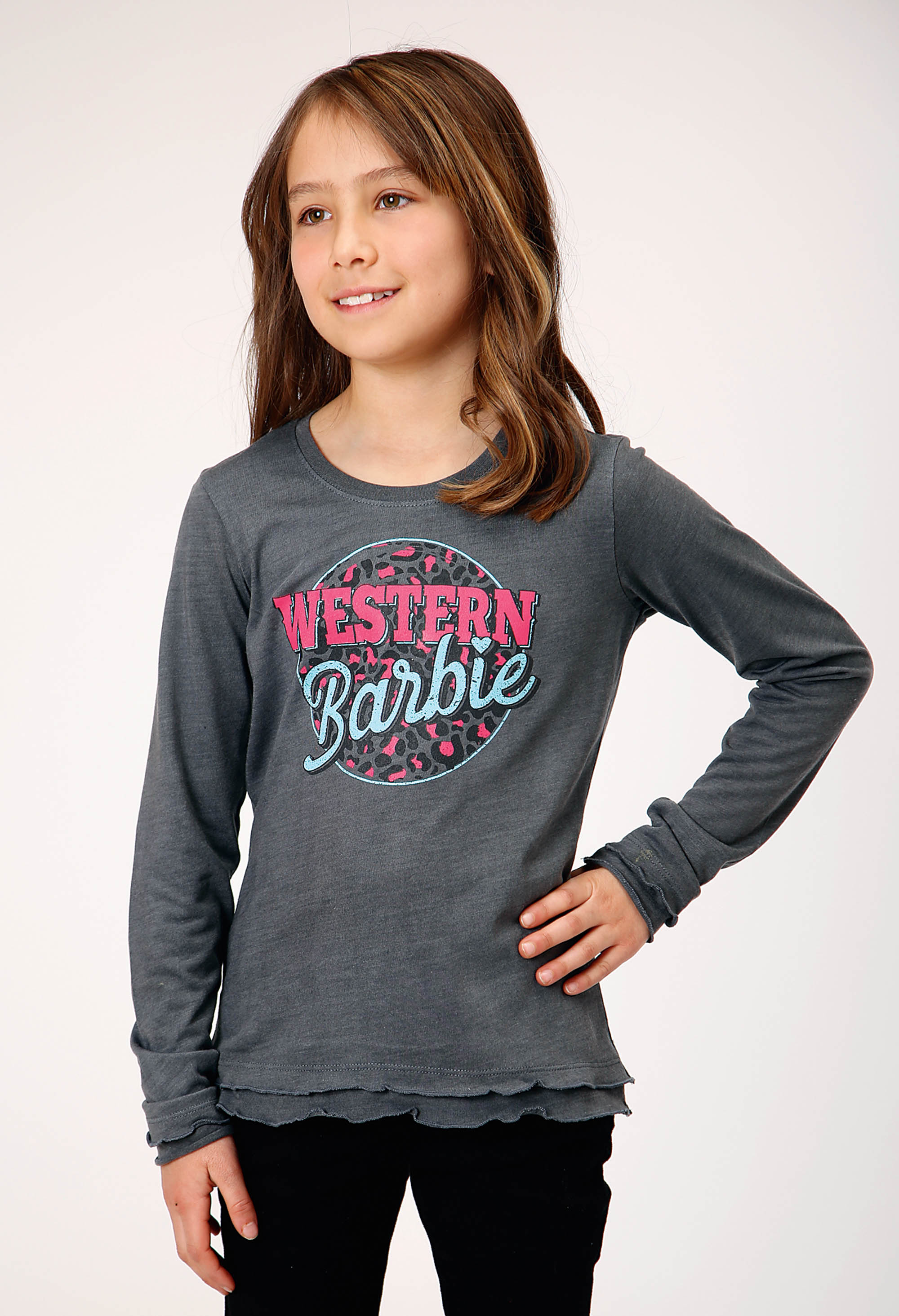 Five Star Girls Girls 1952 Heather Grey P/r Ls Ruffle Tee