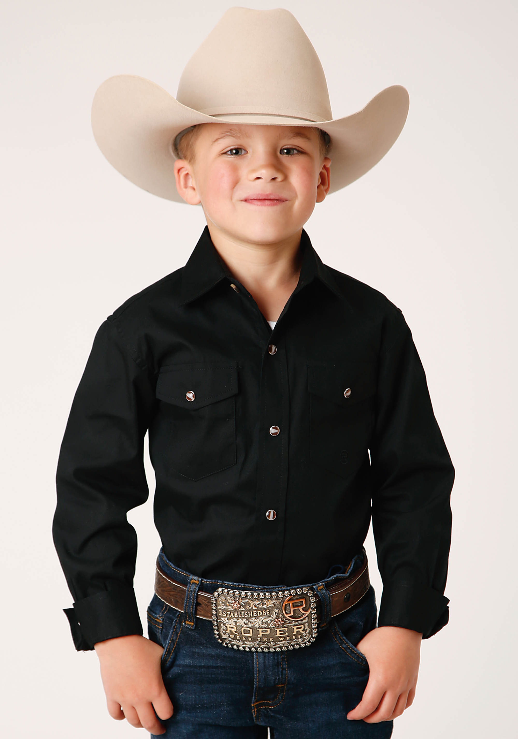 Boys Black Solid Poplin Western Model Vergtd Snap