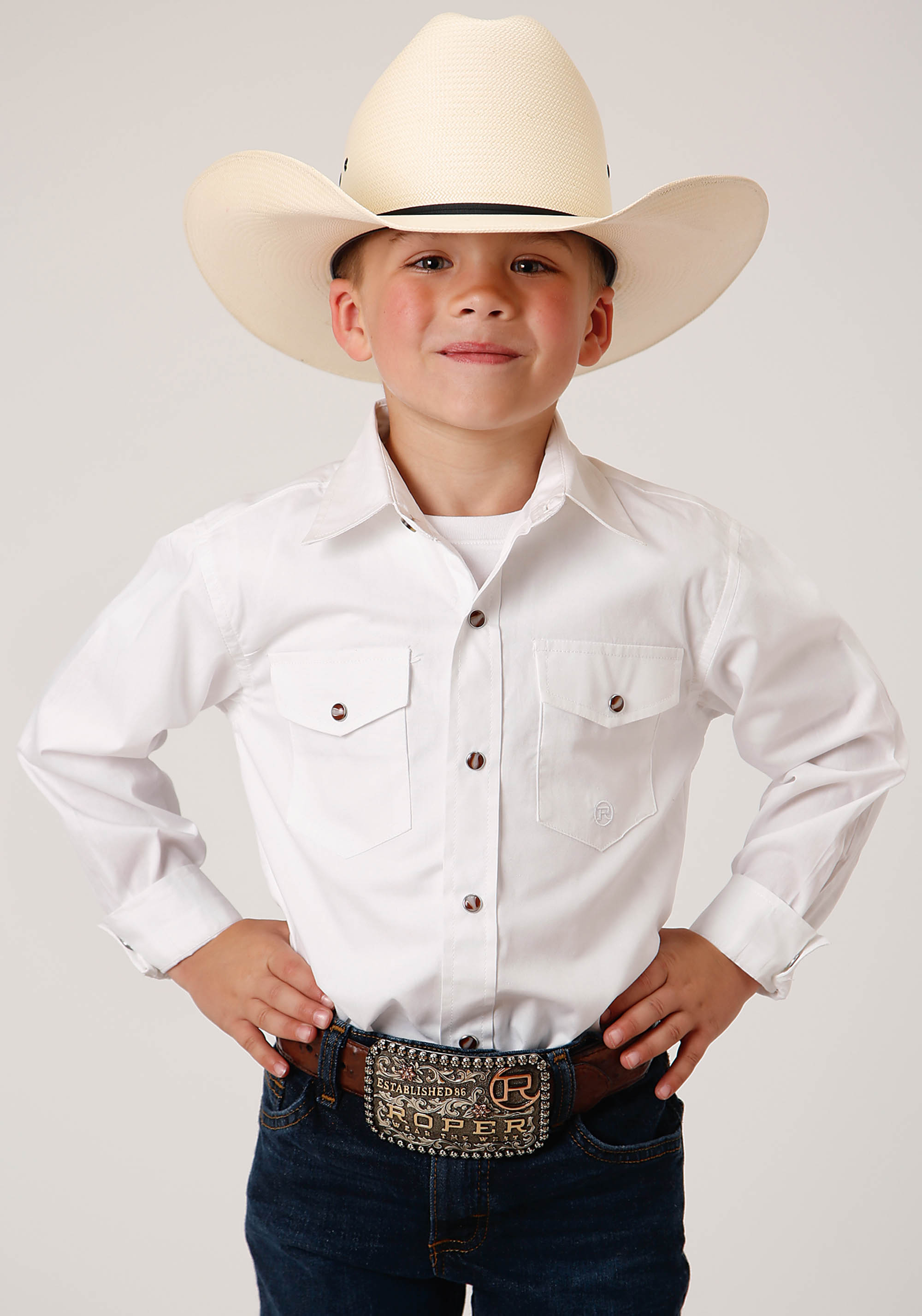 Boys White Solid Poplin Western Model Vergtd Snap