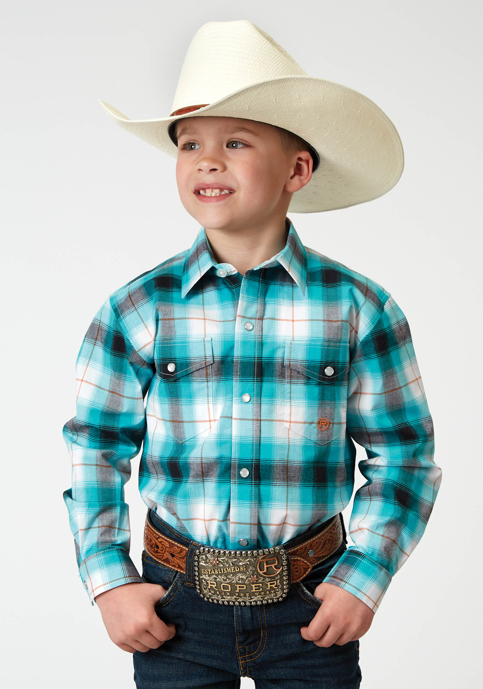 Boy’s Amarillo Collection- Stretch Boys 1945 Stretch Poplin – Turquoise Plaid