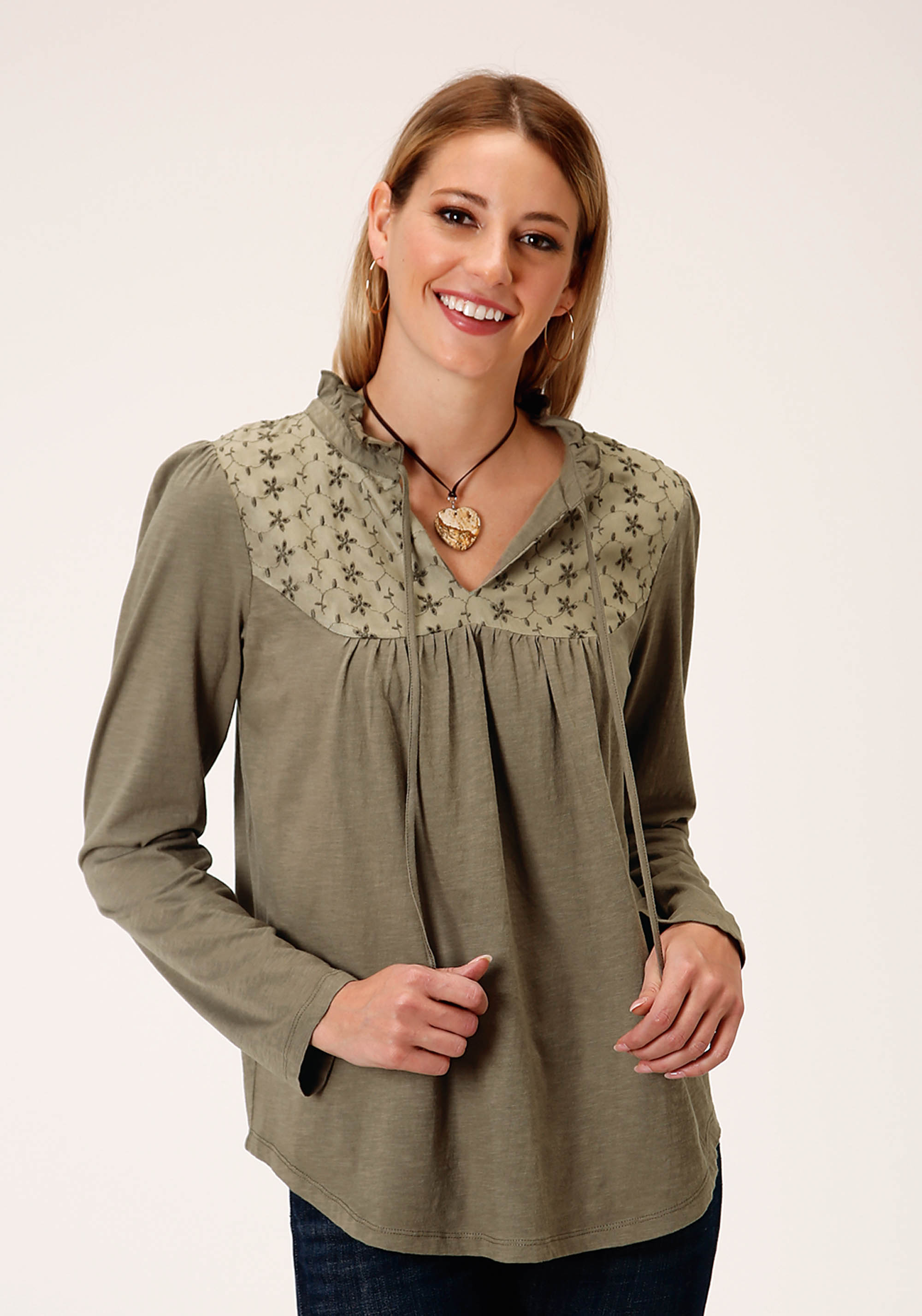 Studio West- Wild Magic Womens Green 00861 Slub Jersey Peasant Top