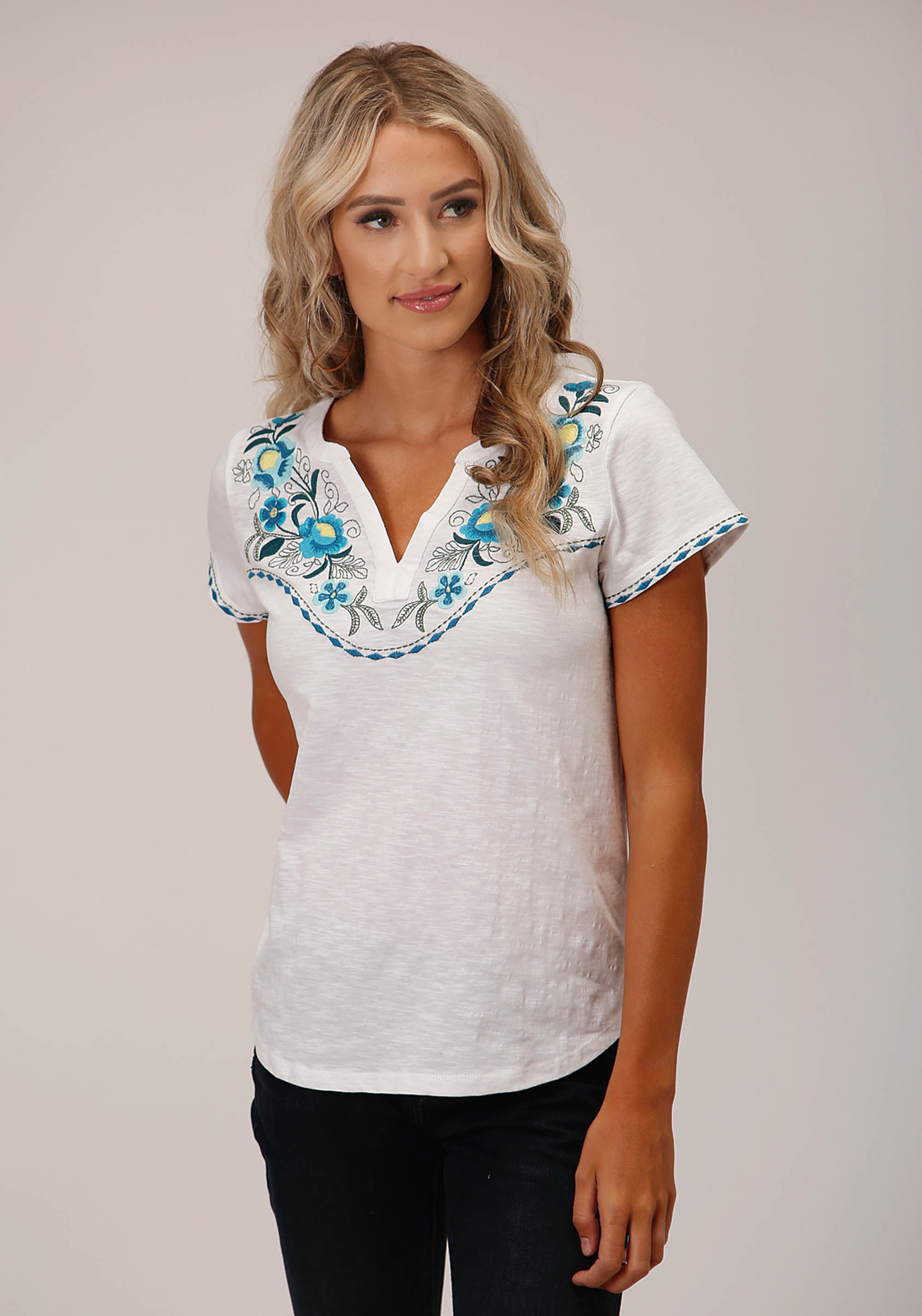 Studio West Collection- Summer Ii Womens White 1598 Cotton Slub Jersey Split-neck Tee