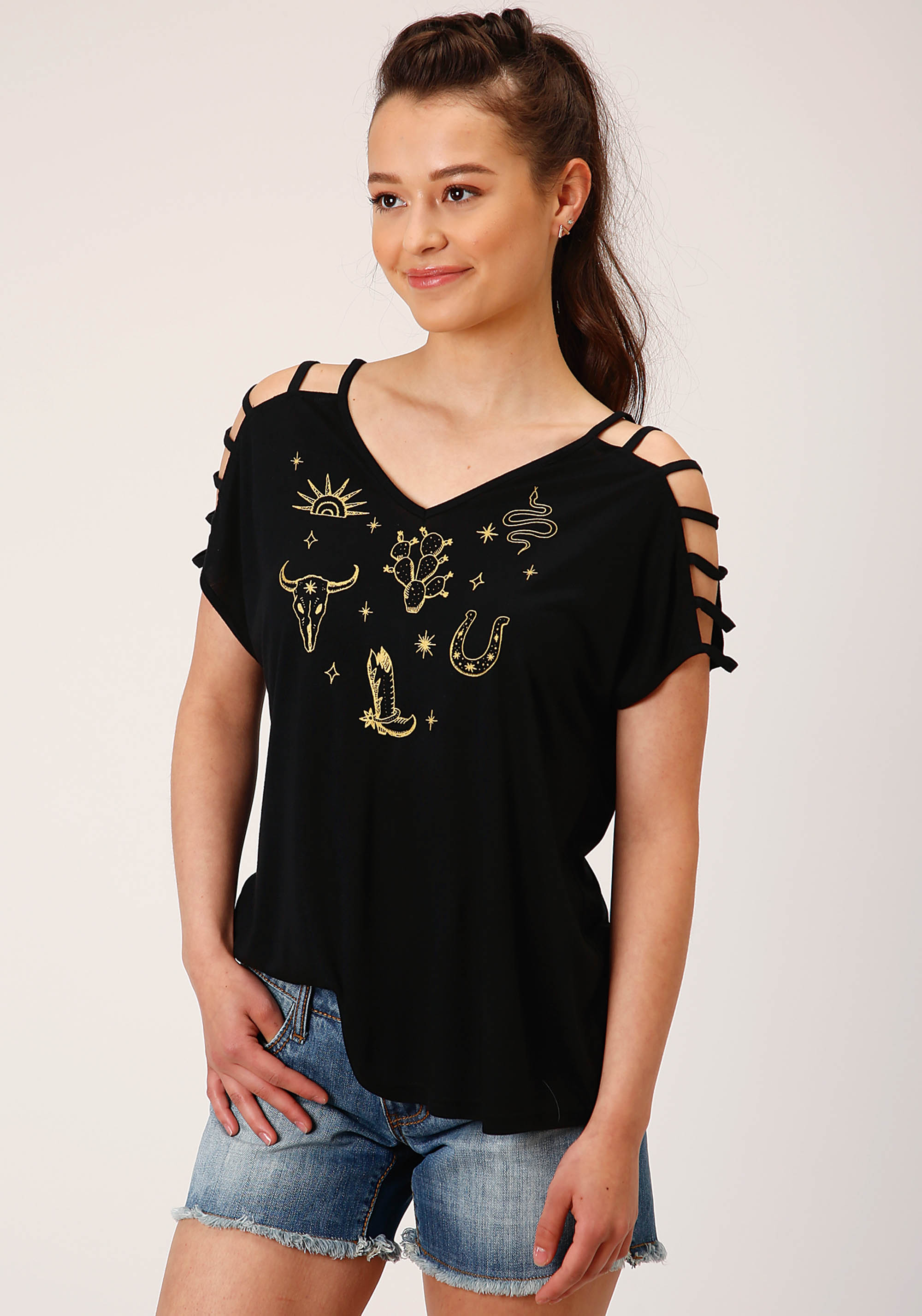 Five Star Collection- Spring I Womens Black 1532 P/r Jersey S/s Cold Shoulder Tee