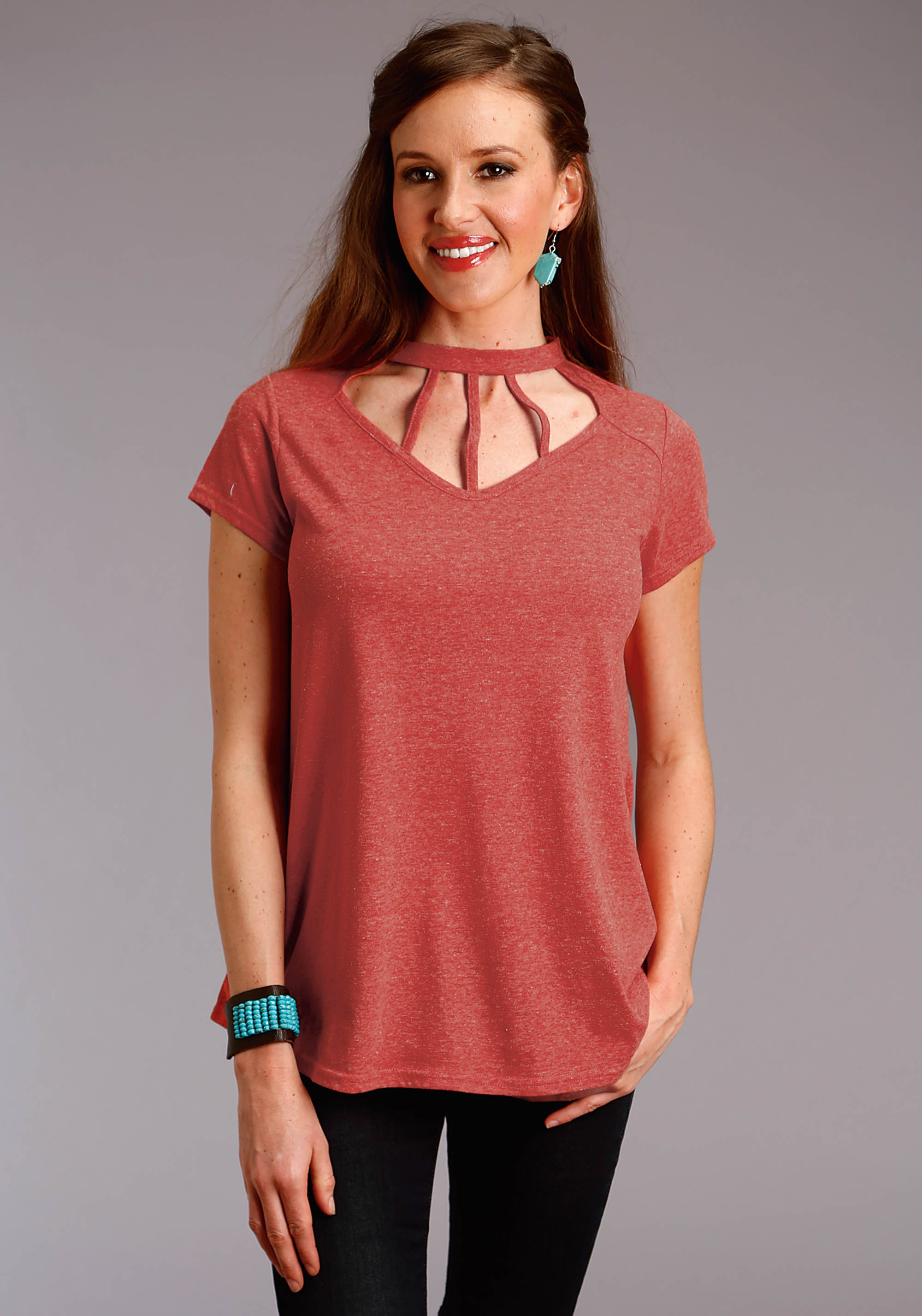 Studio West Collection- Taos Sunrise Womens Red 2596 Heather Jersey Mock-neck Top