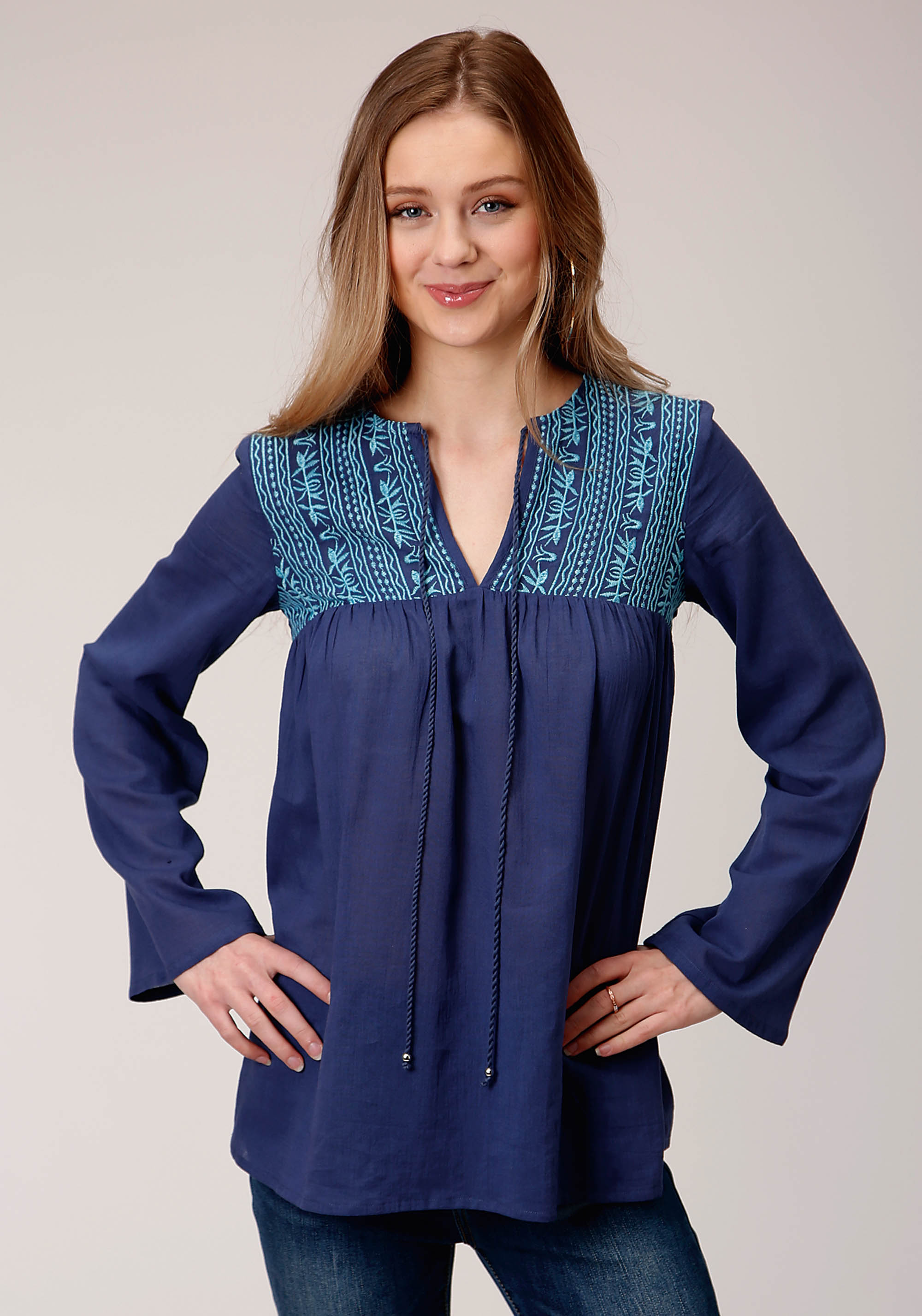 Five Star Collection- Winter I Womens Navy 00520 Cotton Crepe Emb Blouse