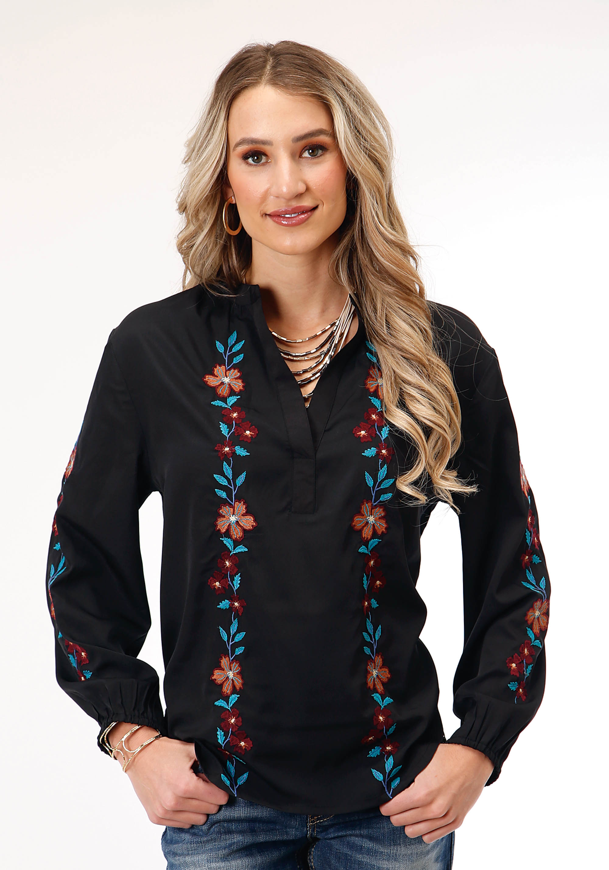 Studio West Collection – Fall Ii Womens 1792 Black Poly V-neck Peasant Blouse