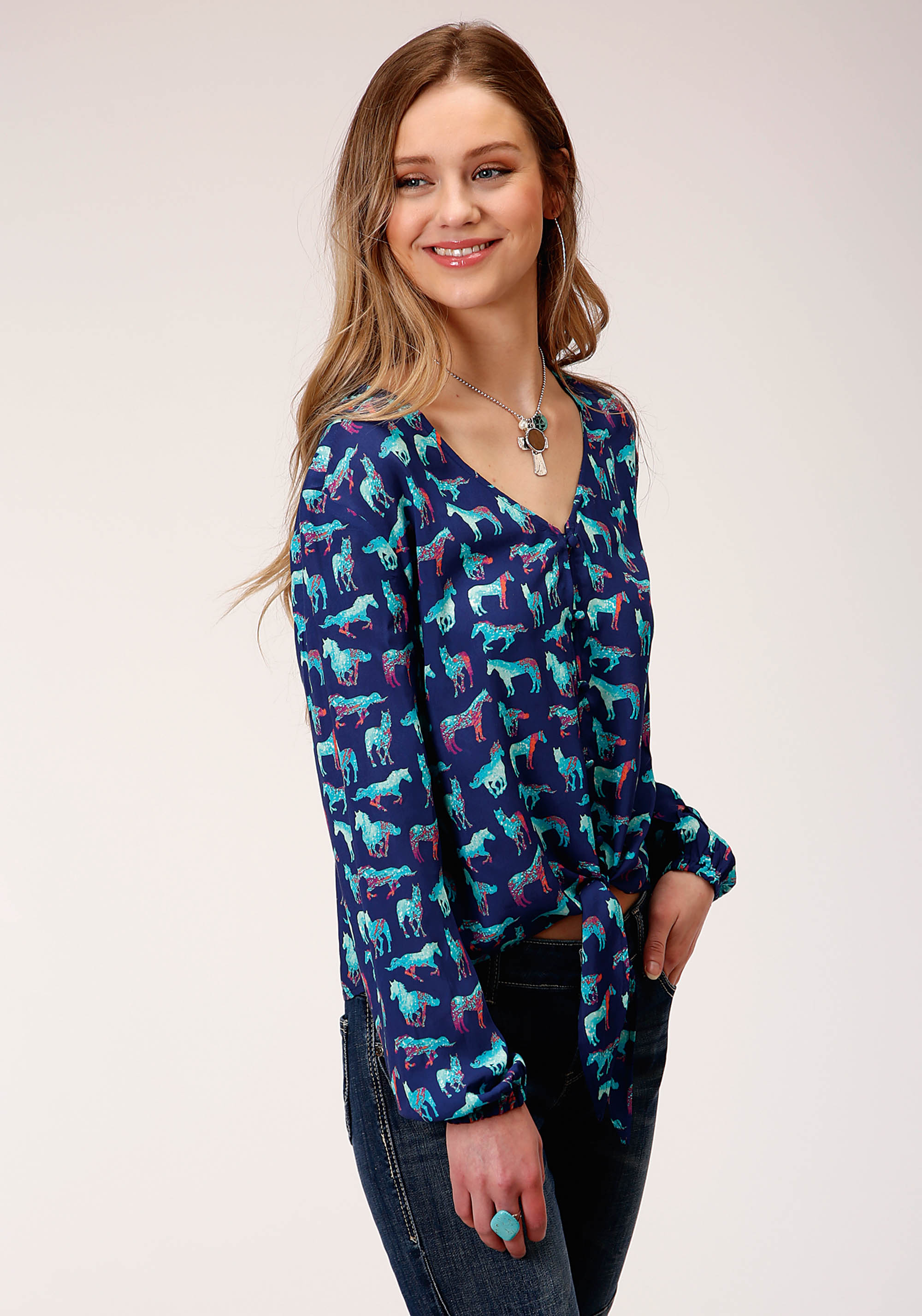 Five Star Collection- Winter I Womens Blue 00338 Prt Rayon Ls Blouse