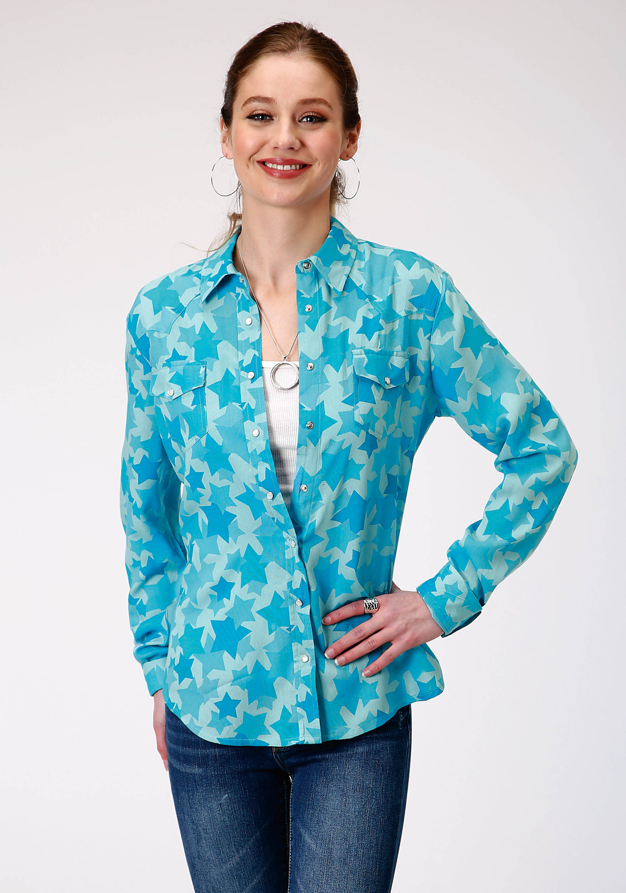 Five Star Collection- Spring I Womens Blue 01073 Star Printed Rayon Blouse