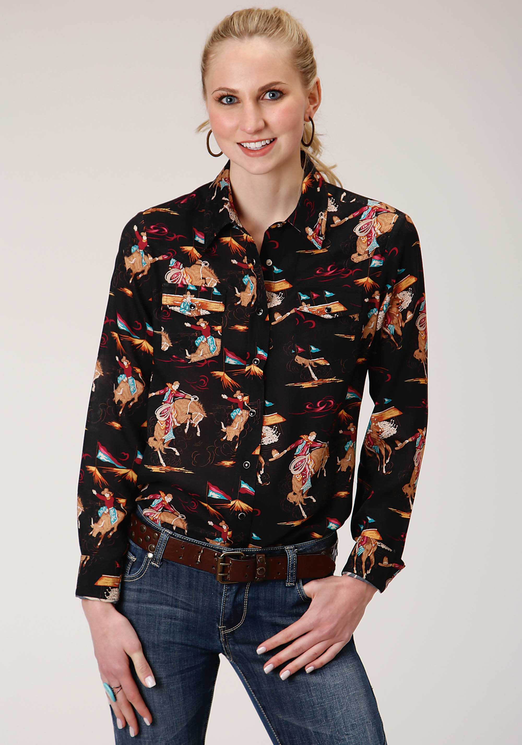 Five Star Collection – Fall Ii Womens Black 1276 Retro Rodeo Print Western Shirt