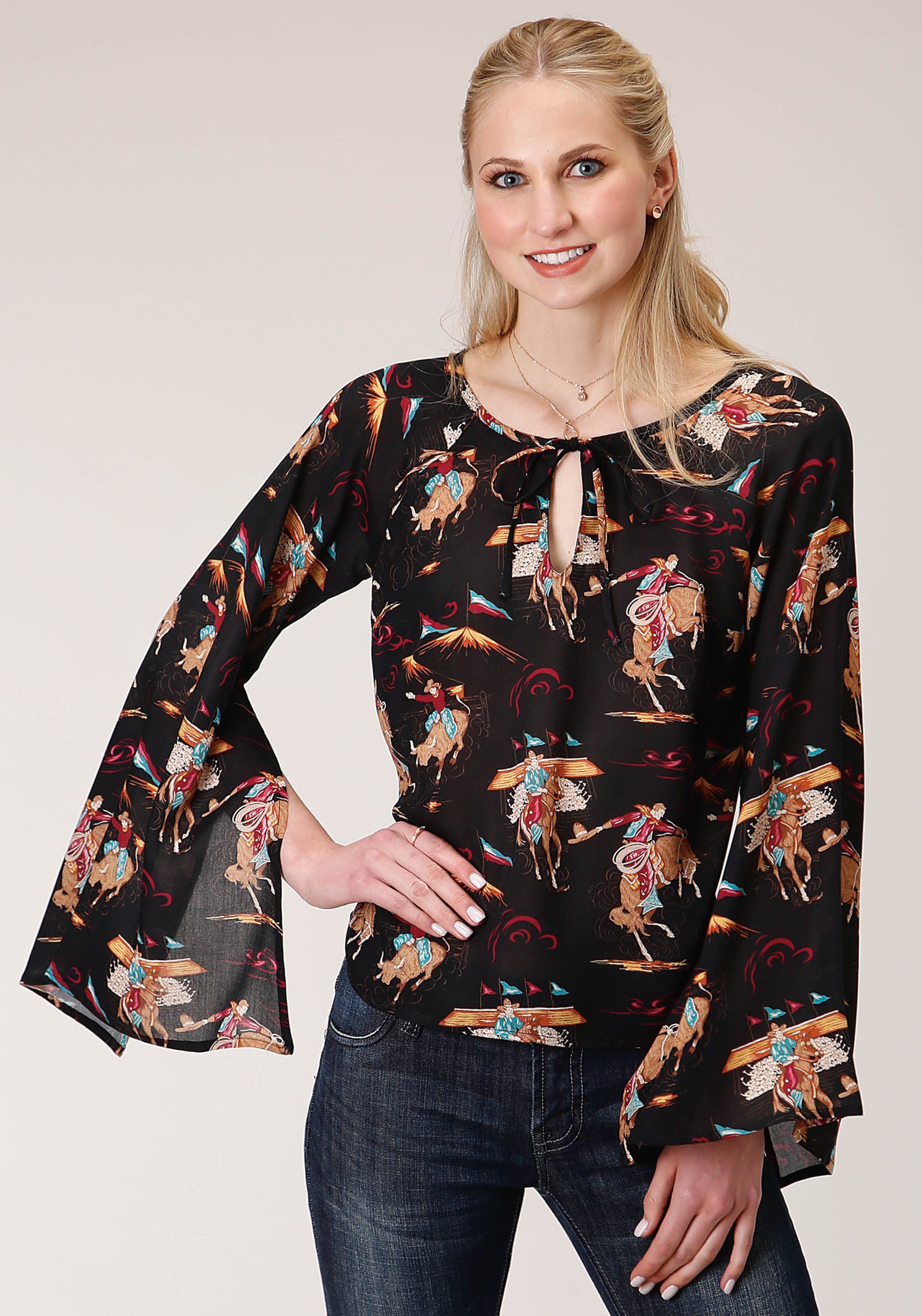 Five Star Collection – Fall Ii Womens Black 1276 Retro Rodeo Prt Flowy Blouse