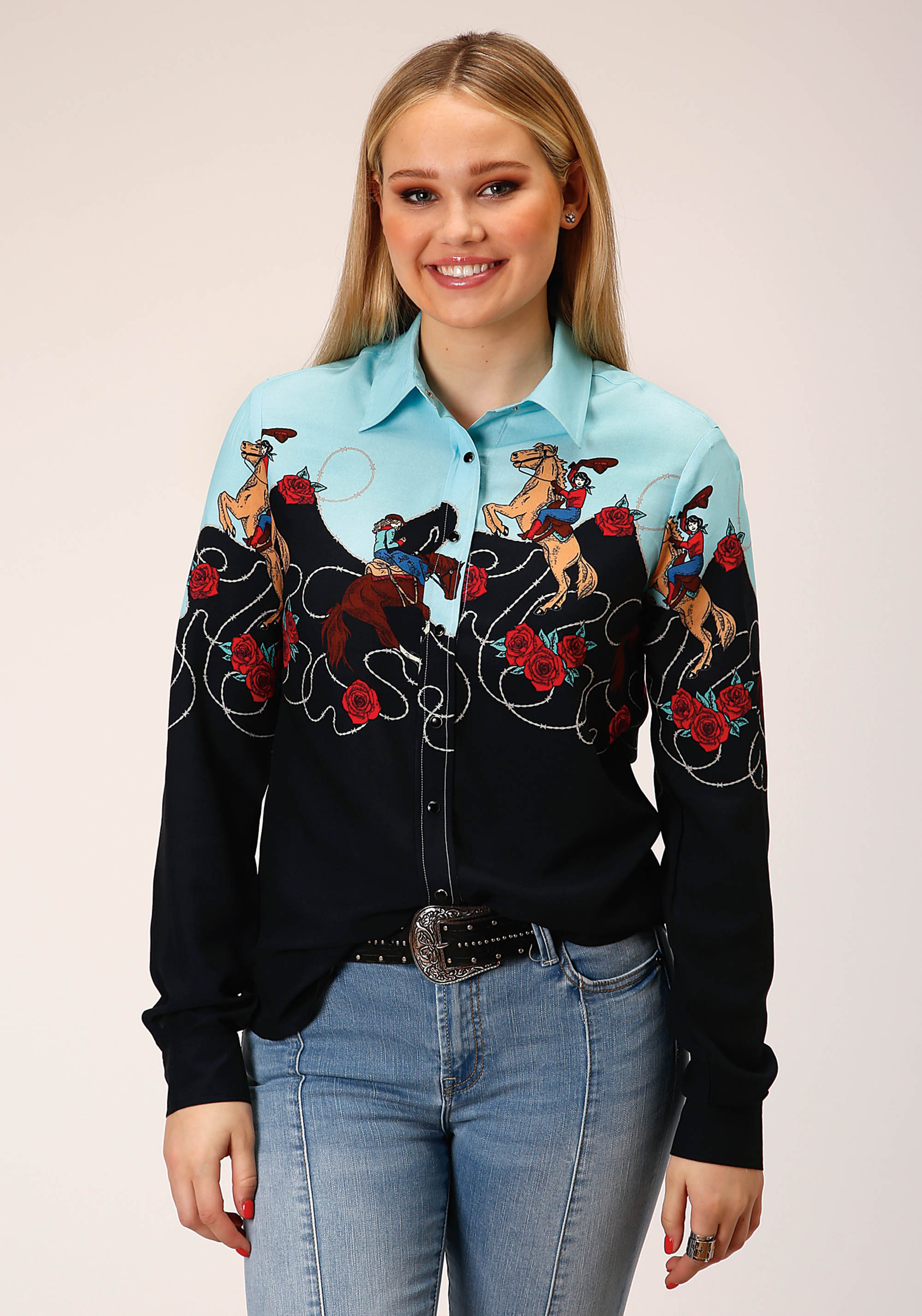 Five Star Collection – Fall Ii Womens Black 1768 Cowgirl Border Printed Rayon