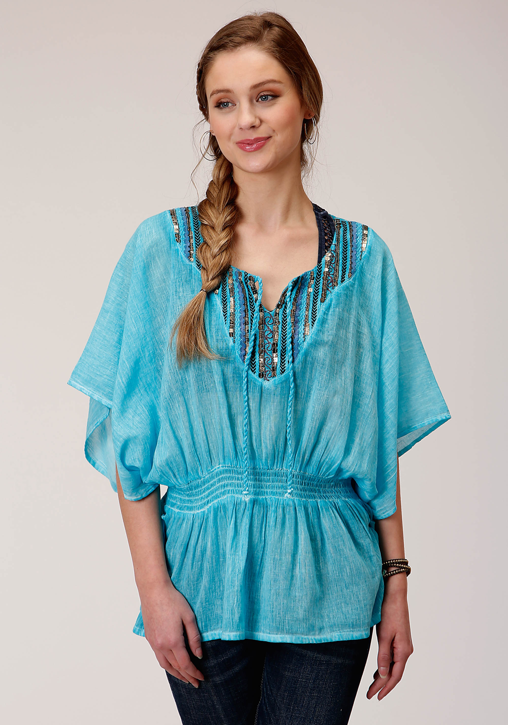 Five Star Collection- Winter I Womens Turquoise 00520 Cotton Crepe Emb Blouse