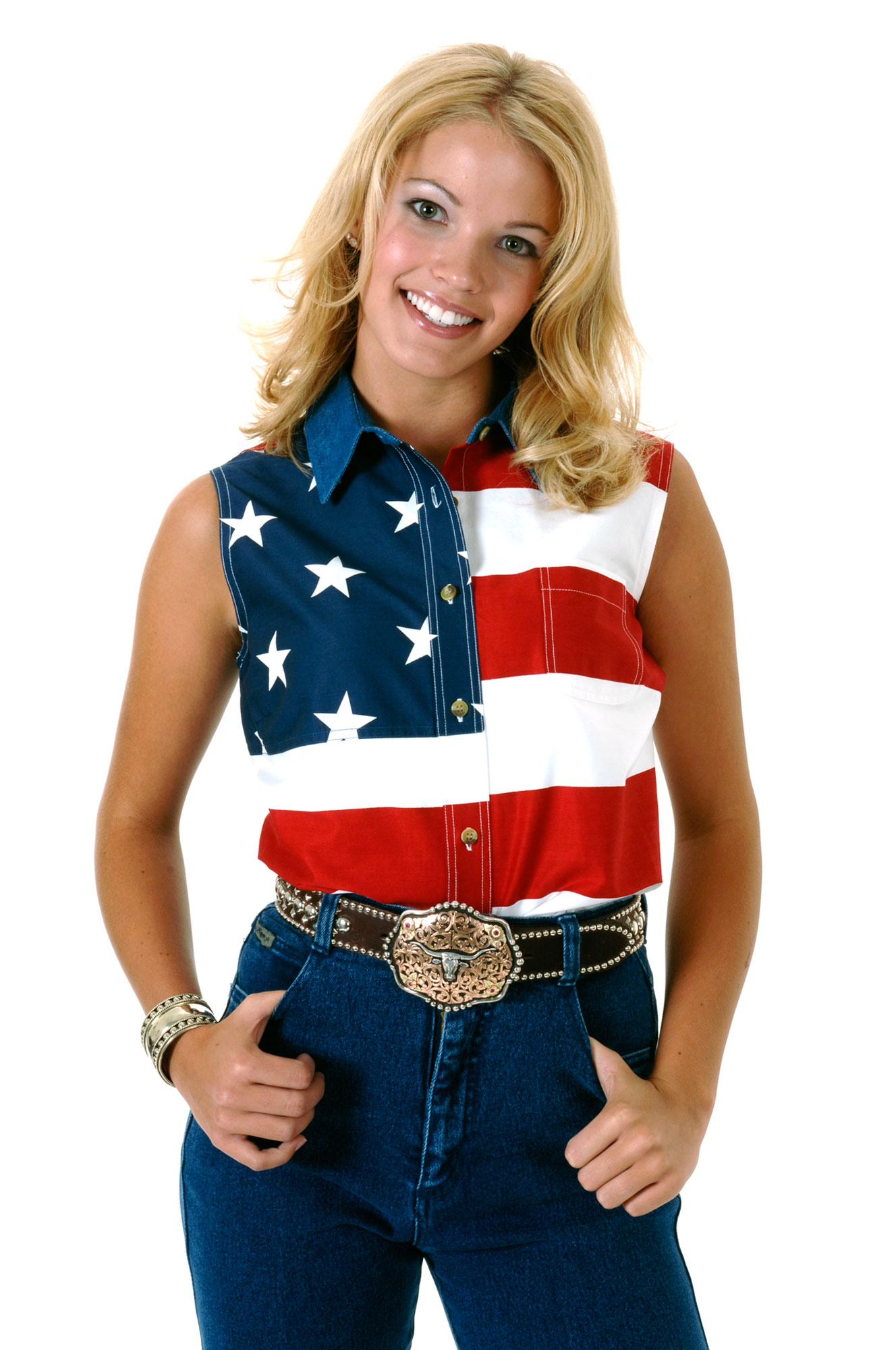 Denim Collar * Straight Back Yoke * Pieced Twill Fabrics With U.s.a Flag Print Womens Red Stars & Stripes Pieced American Flag