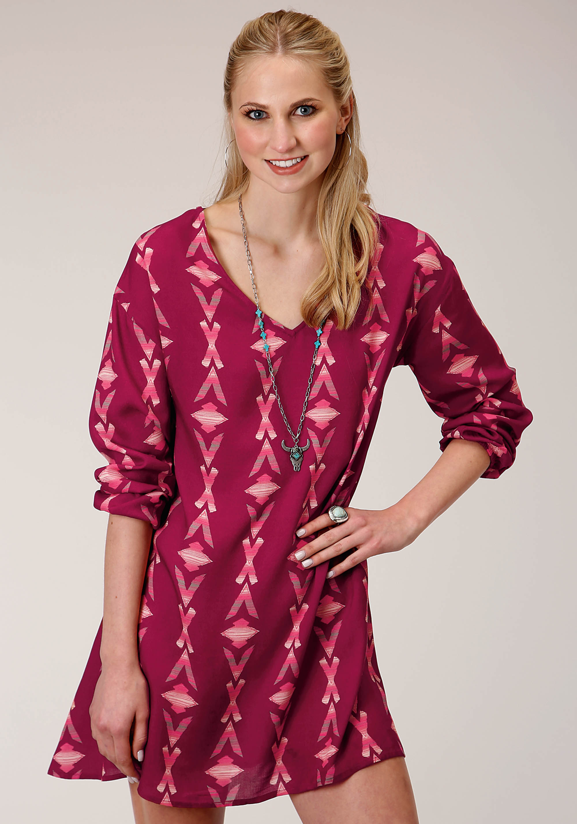 Five Star Collection – Fall I Womens Purple 1275 Wine Aztec Print Dolman Slv Dress