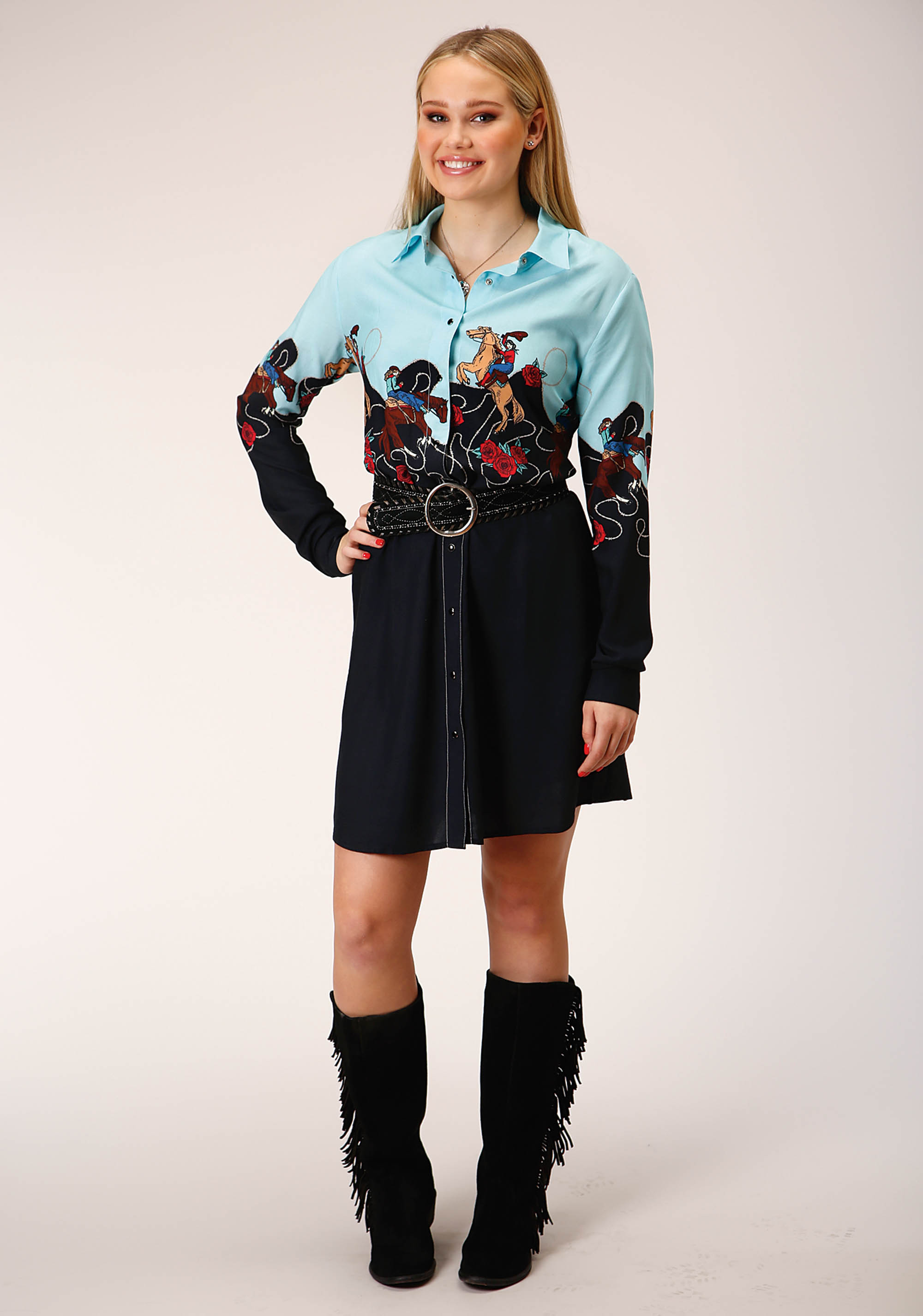 Five Star Collection – Fall Ii Womens Black 1768 Cowgirl Border Printed Rayon