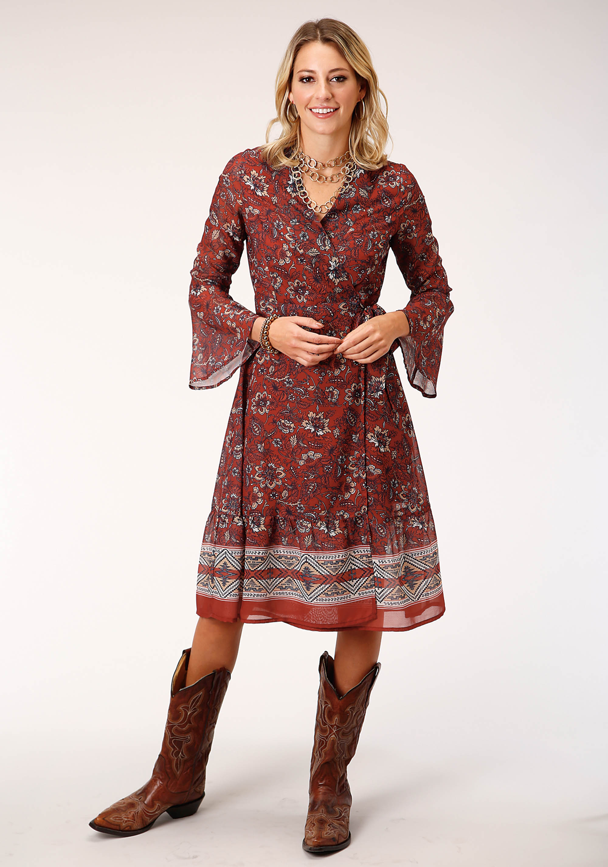 Studio West – Fall Iii Womens 1280 Rust Floral Border Prt Wrap Dress