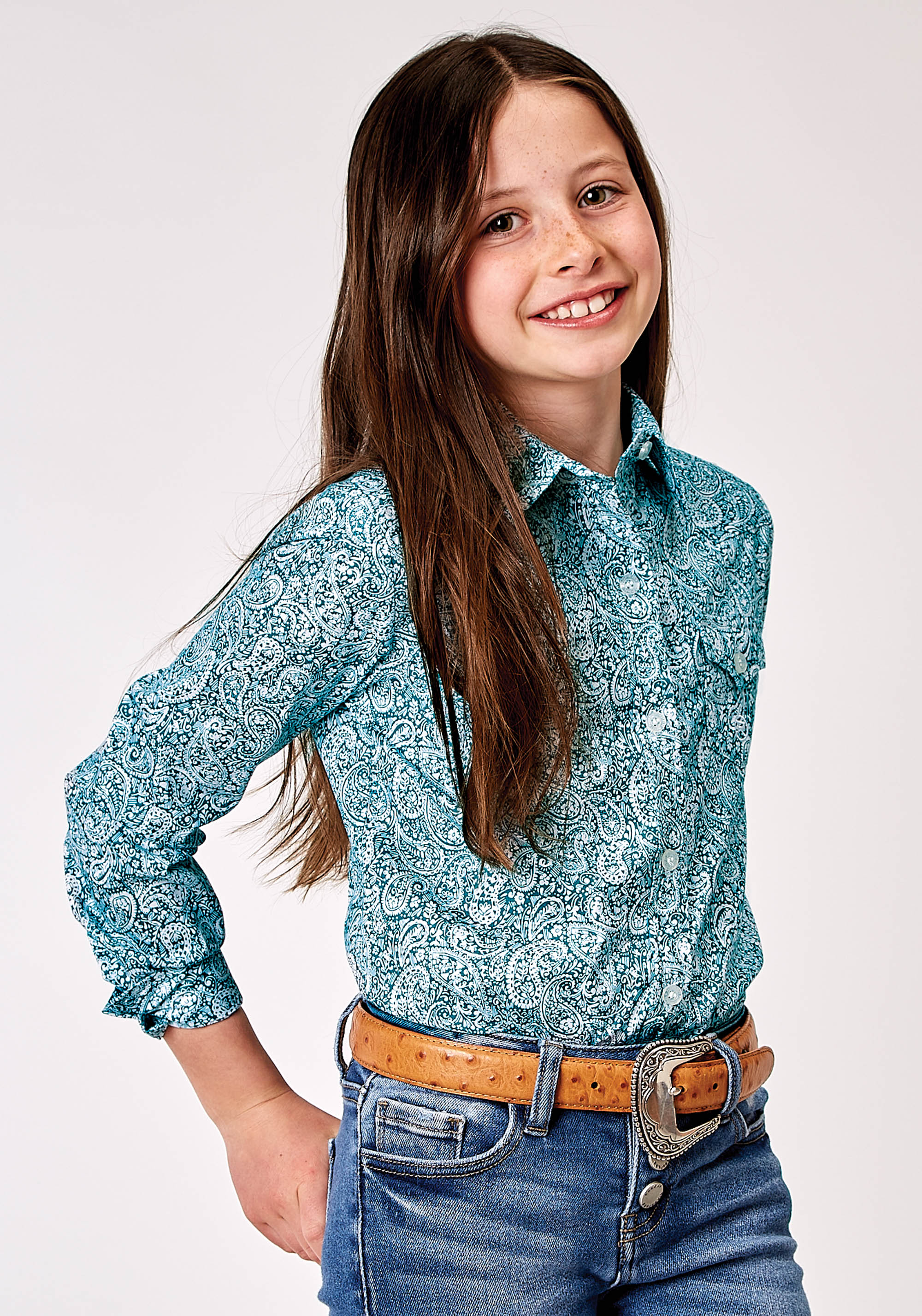 Girls Amarillo Collection- Stretch Girls 1944 Stretch Poplin – Teal Paisley