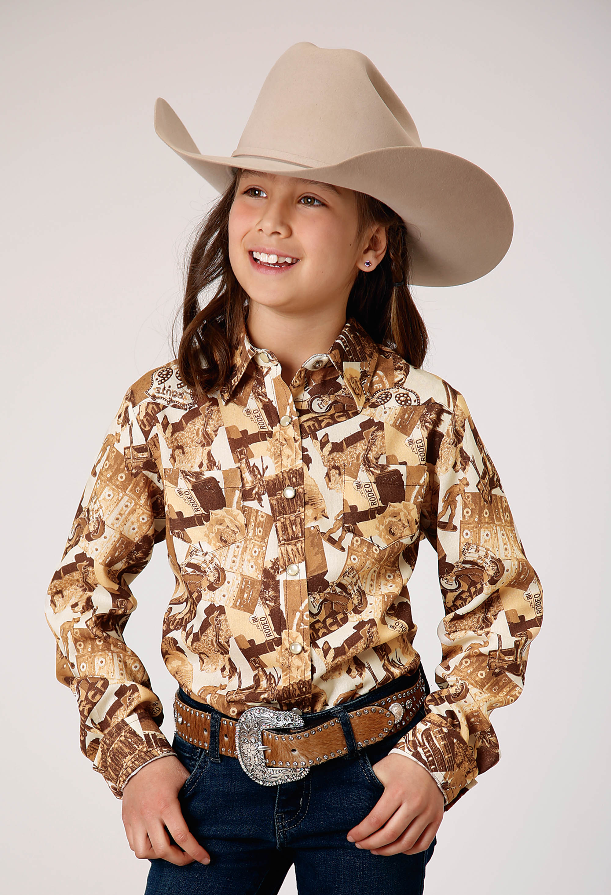 Five Star Girls Girls Brown 1777 Collage Print Western Shirt