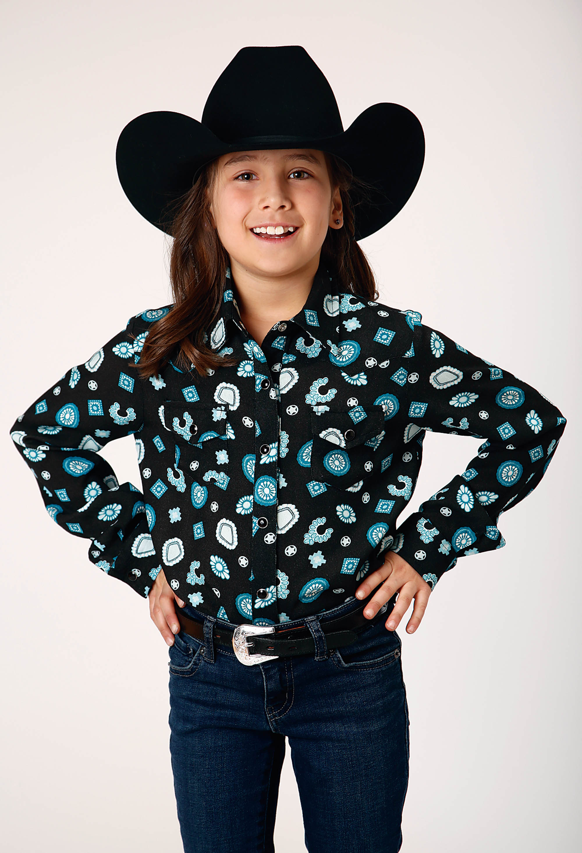 Five Star Girls Girls Black 1778 Jewel Print Rayon Western Blouse