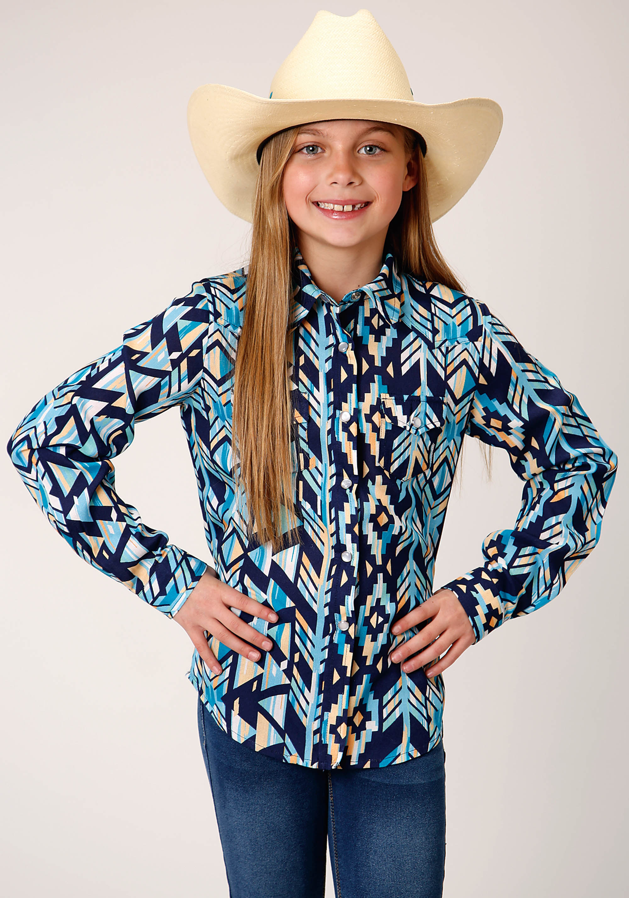 Five Star Girls Girls Blue 1493 Modern Aztec Print Western Blouse