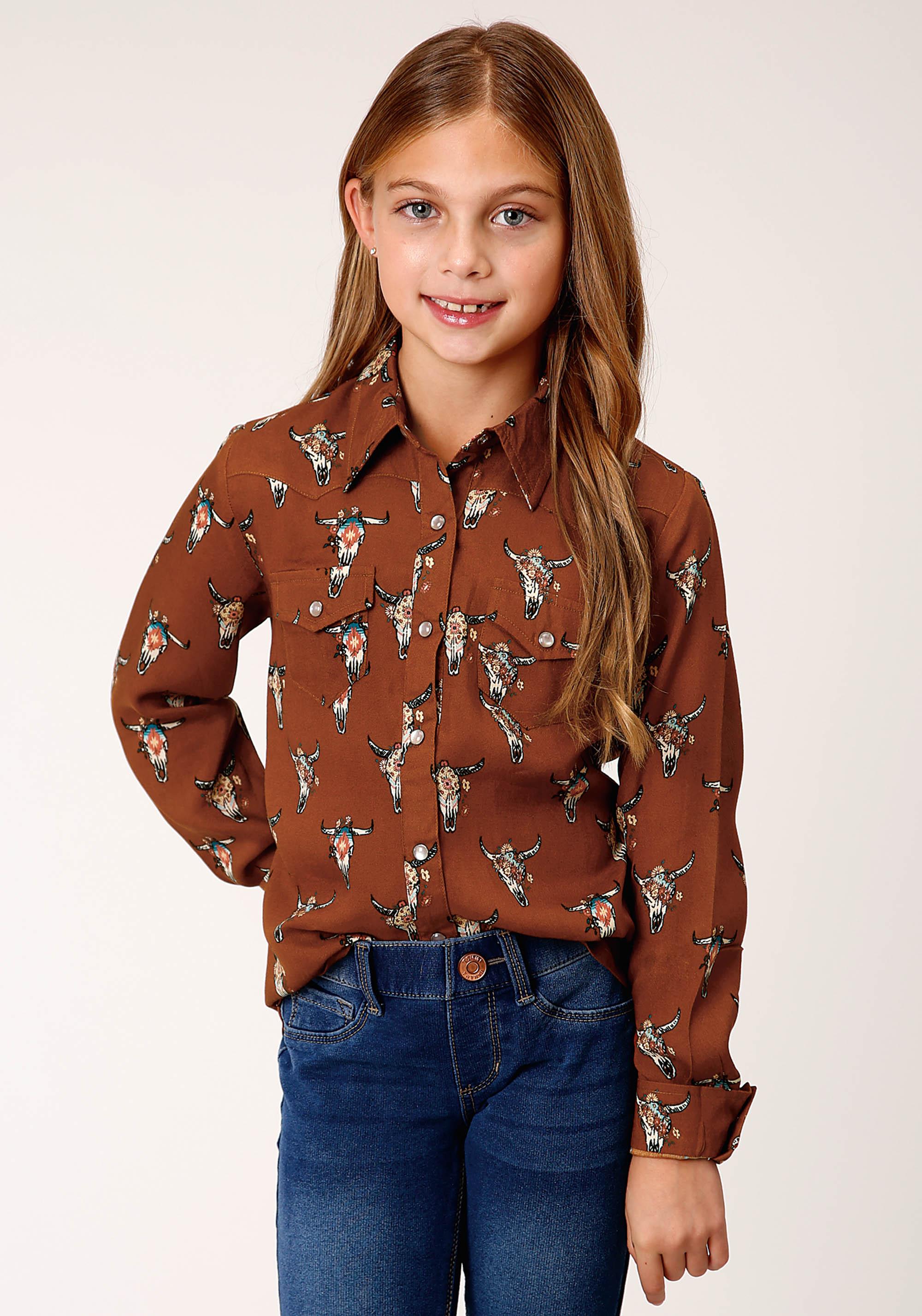 Five Star Girls Girls Brown 1277 Cowskulls Print Ls Western Blouse