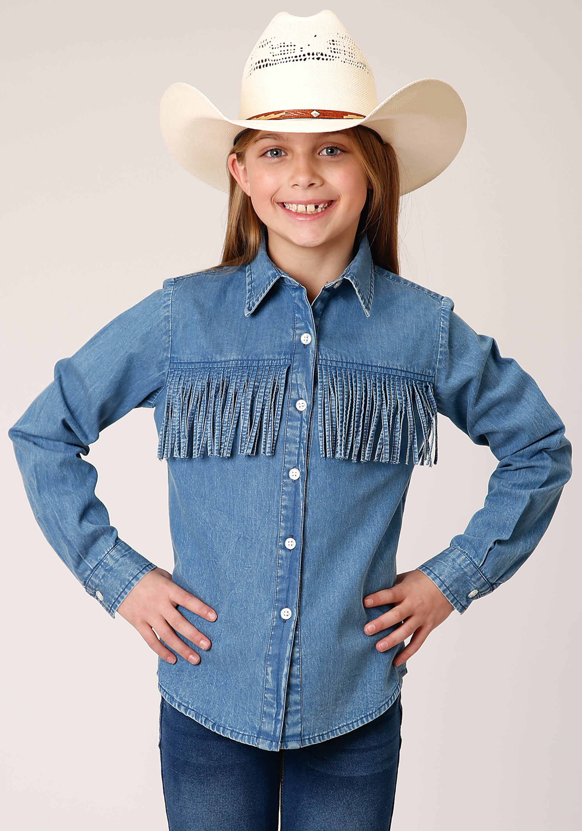 Five Star Girls Girls 1534 Medium Blue Denim Ls Wstrn Blouse