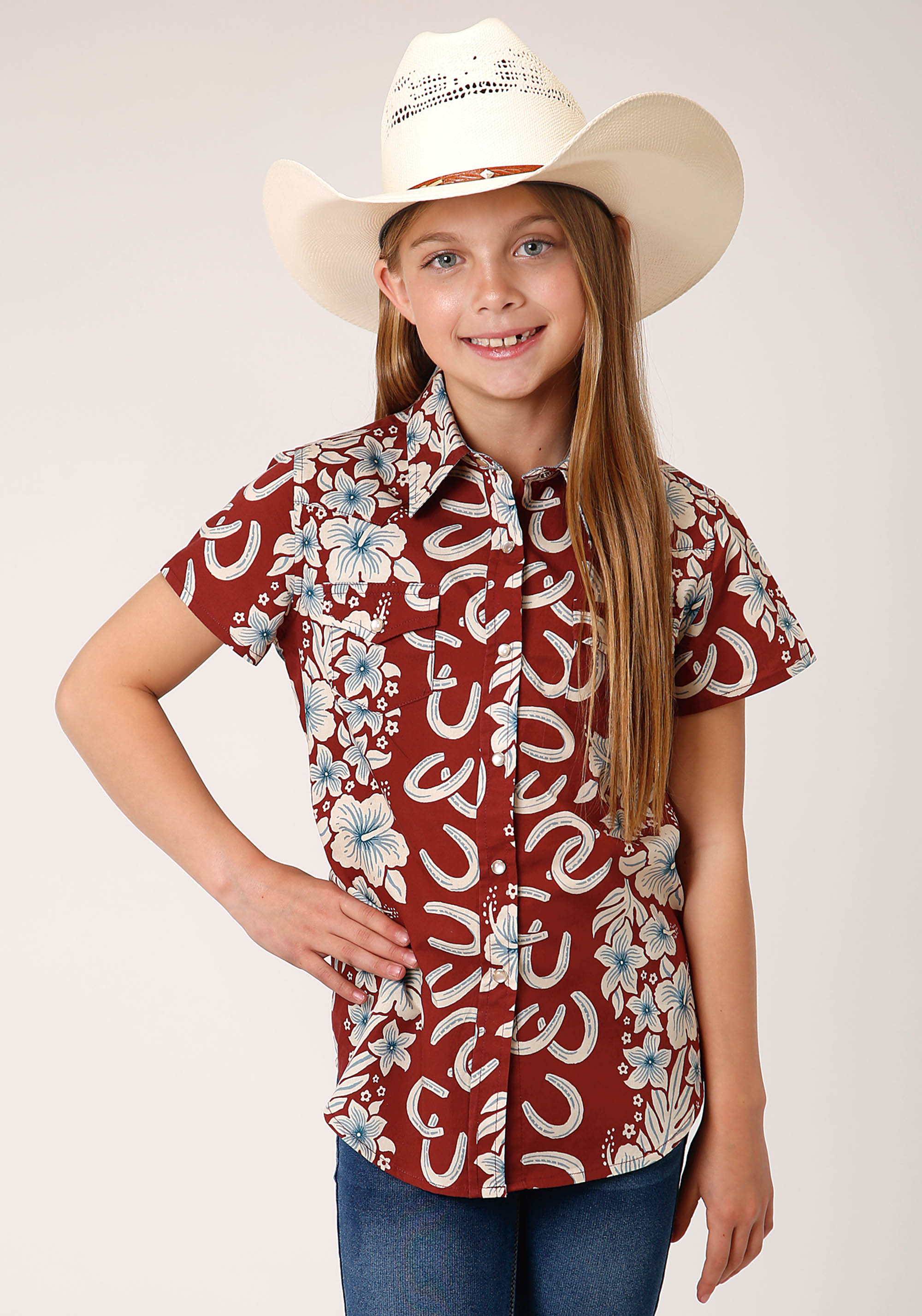 West Made Collection Girls Red 1480 Hawaiian Horseshoes Print