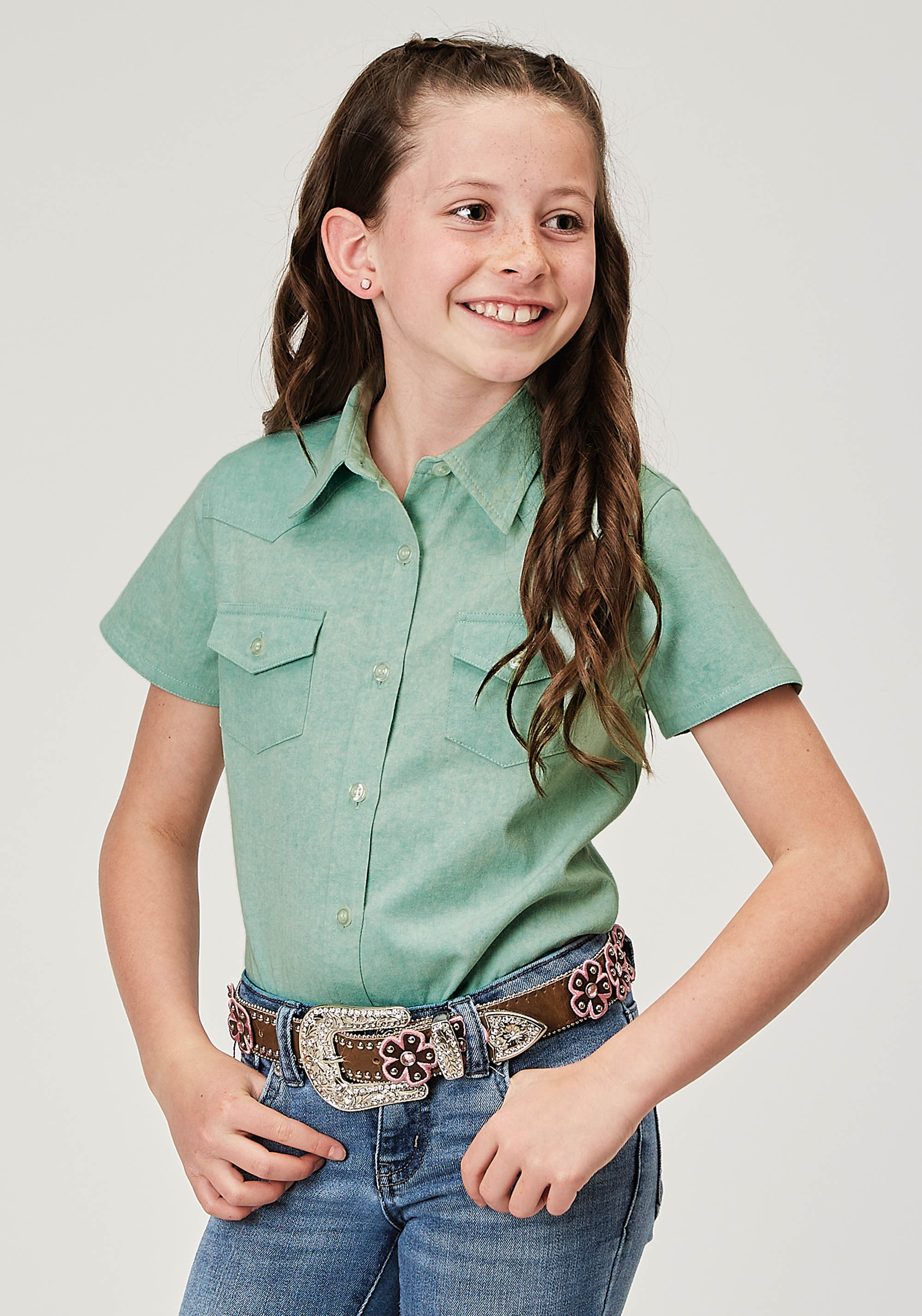 Five Star Girls – Spring I Girls Aqua 2014 Lt Blue Denim Western Blouse