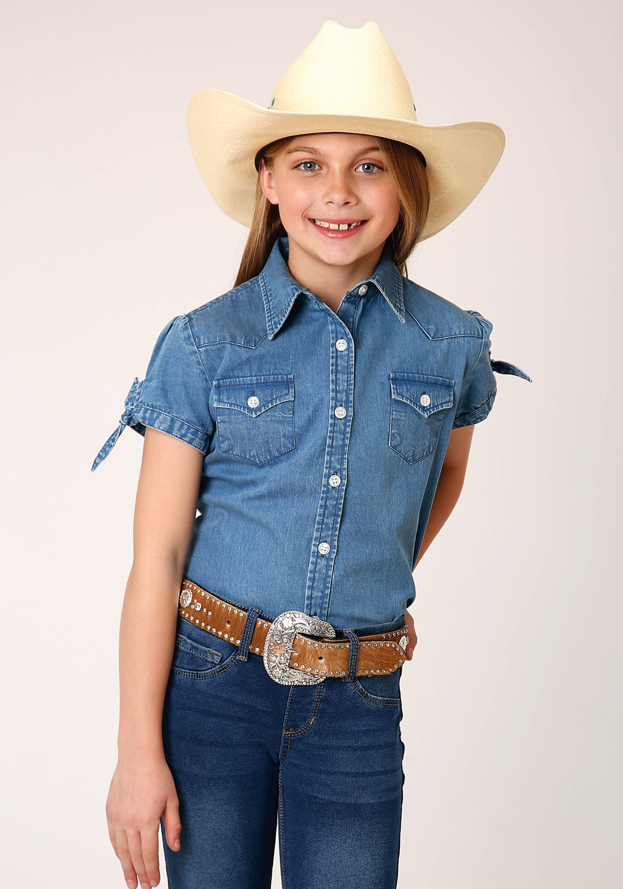 Five Star Girls Girls 1534 Medium Blue Denim Ss Wstn Blouse