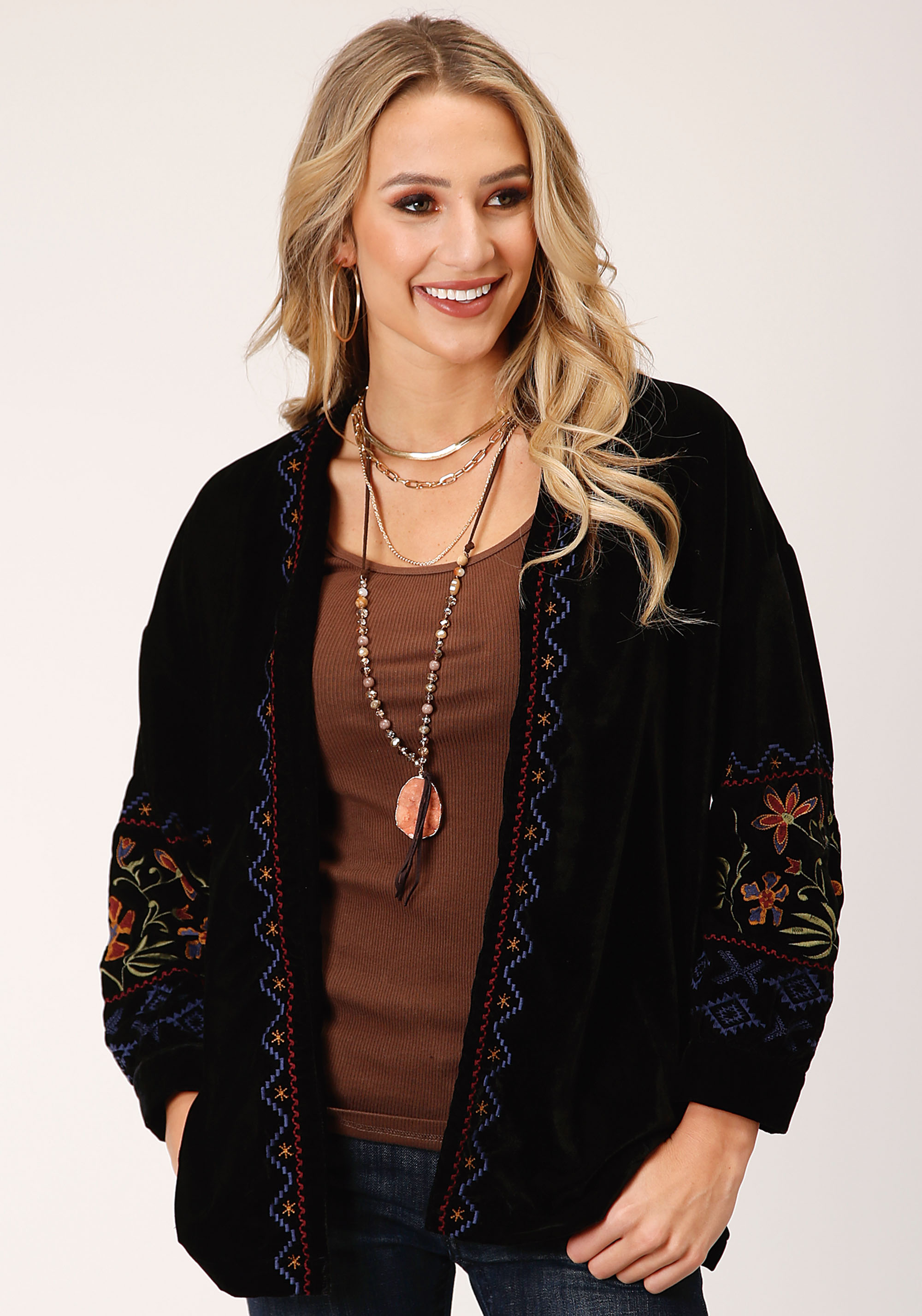 Studio West Collection- Paisley Spice Womens 1421 Black Velvet Open Frt Jacket