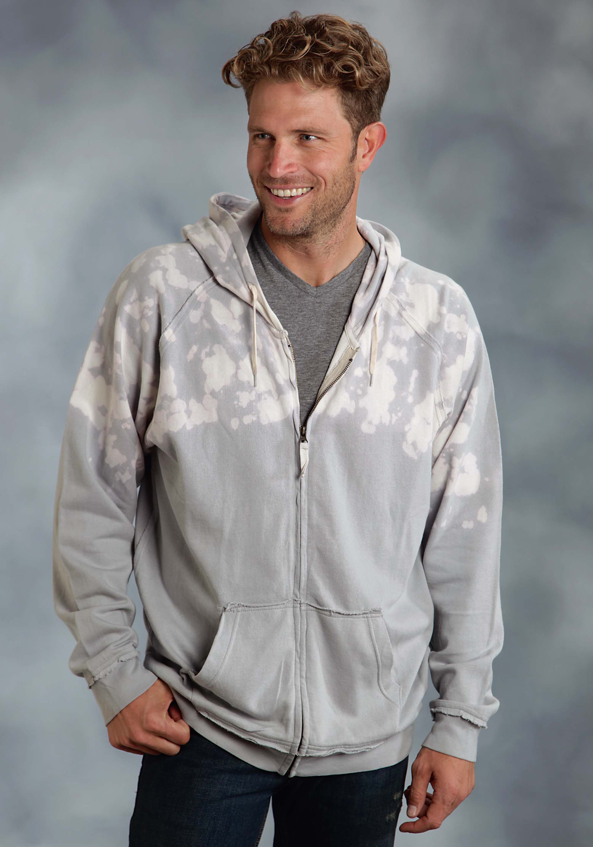 Mens Grey Hoodie Zip Ft W/ Bleech Spots