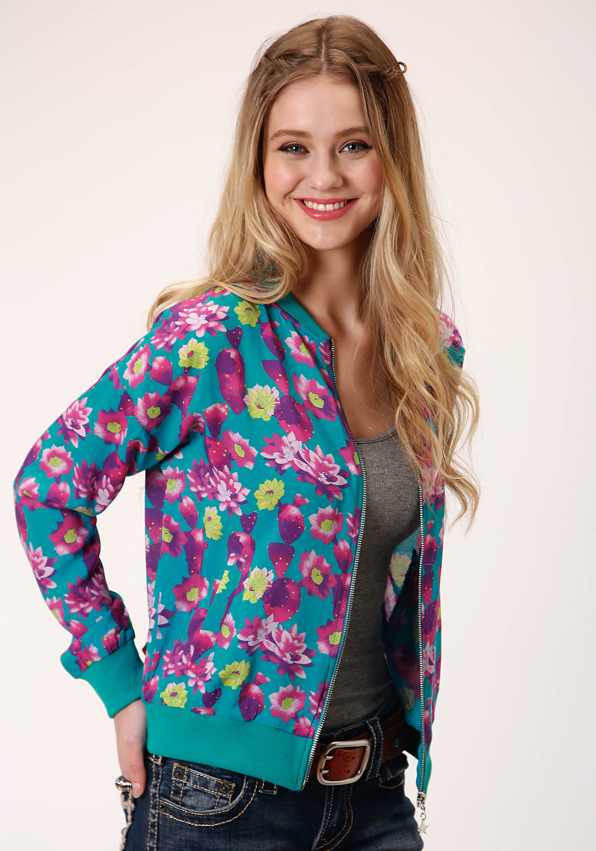 Five Star Collection- Fall I Womens Turquoise 00336 Floral Prt Rayon Bomber Jacket