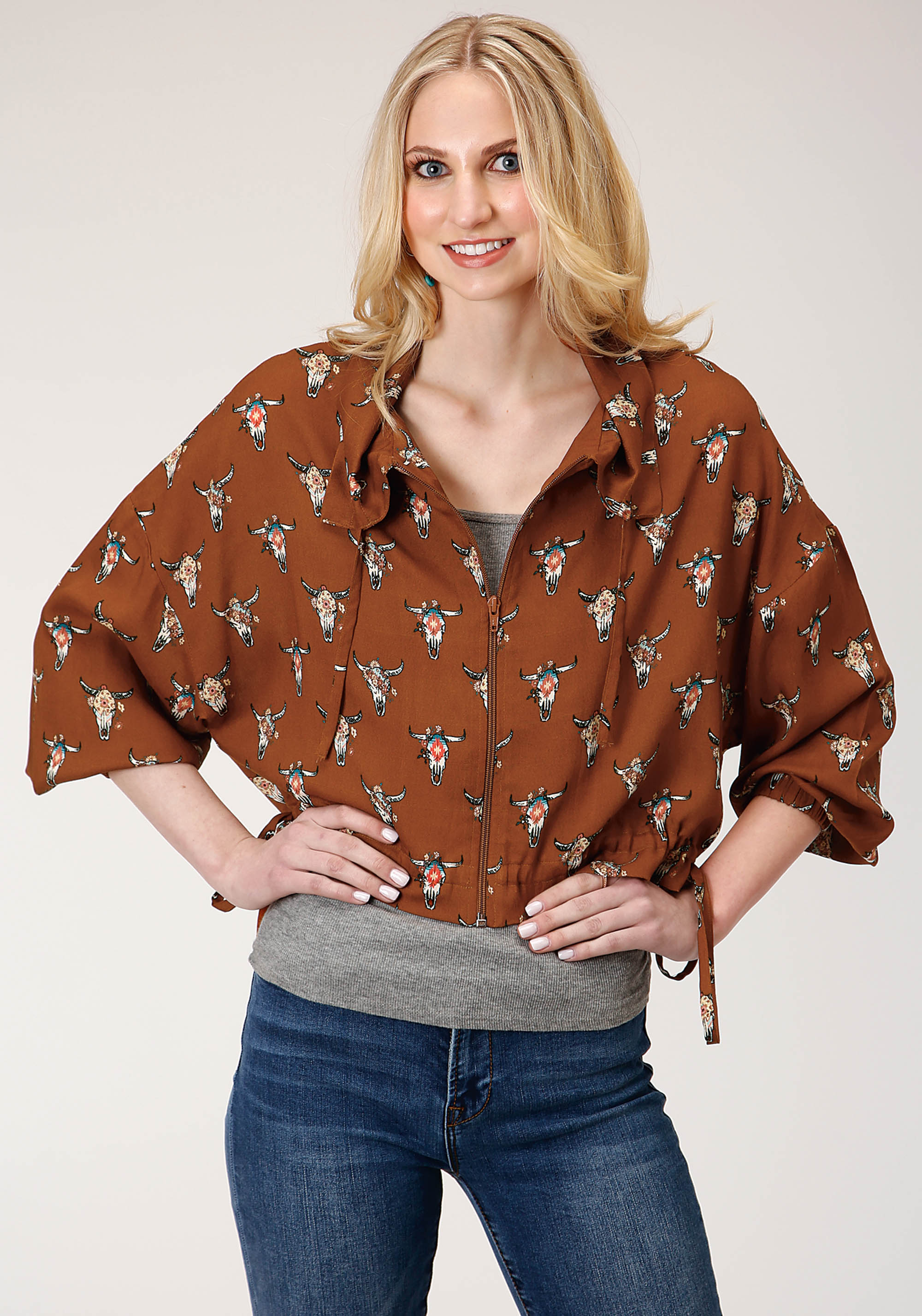 Five Star Collection – Fall Iii Womens Brown 1277 Cowskulls Print Dolman Slv Jacket