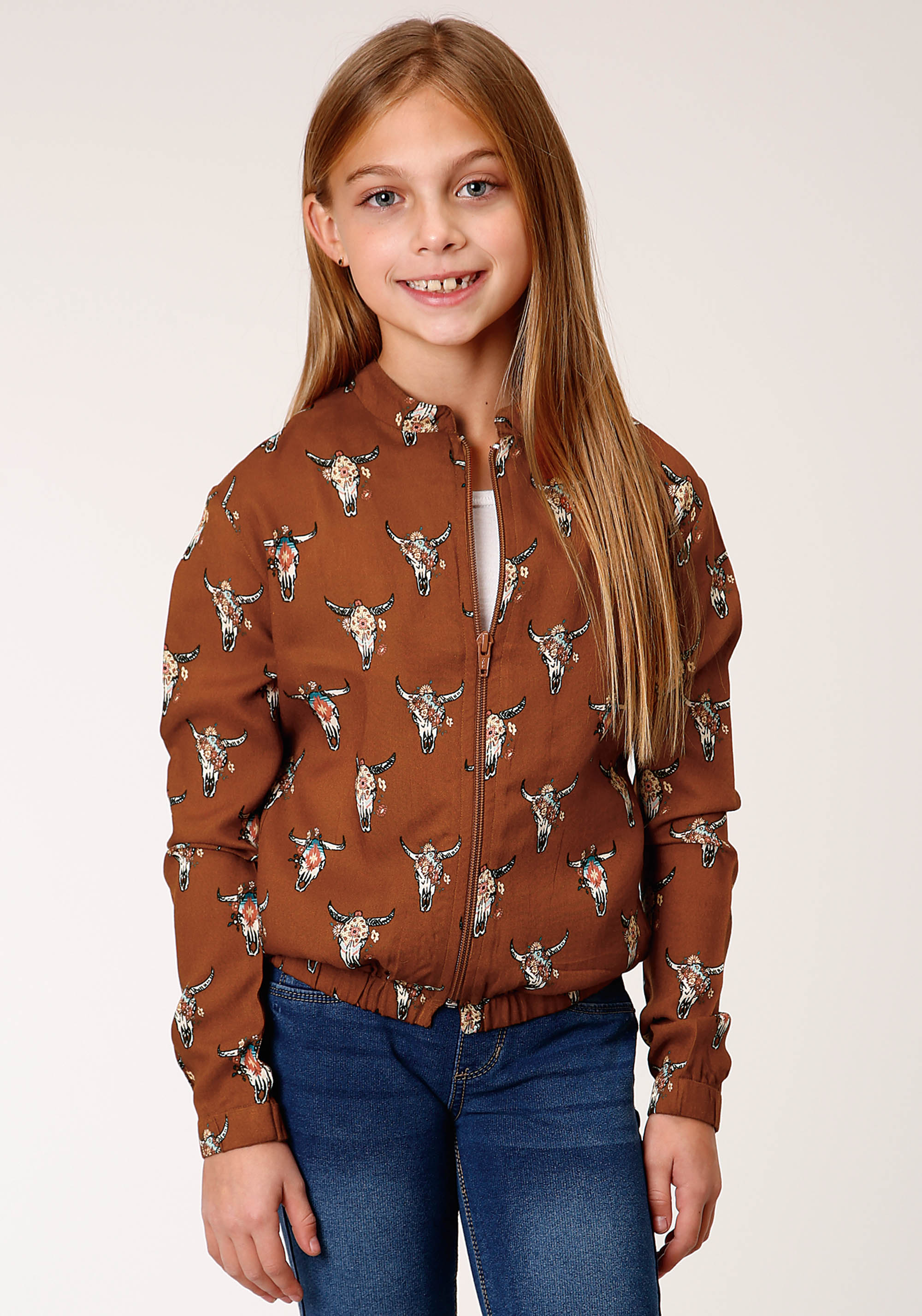 Five Star Girls Girls Brown 1277 Cowskulls Print Bomber Style Jckt