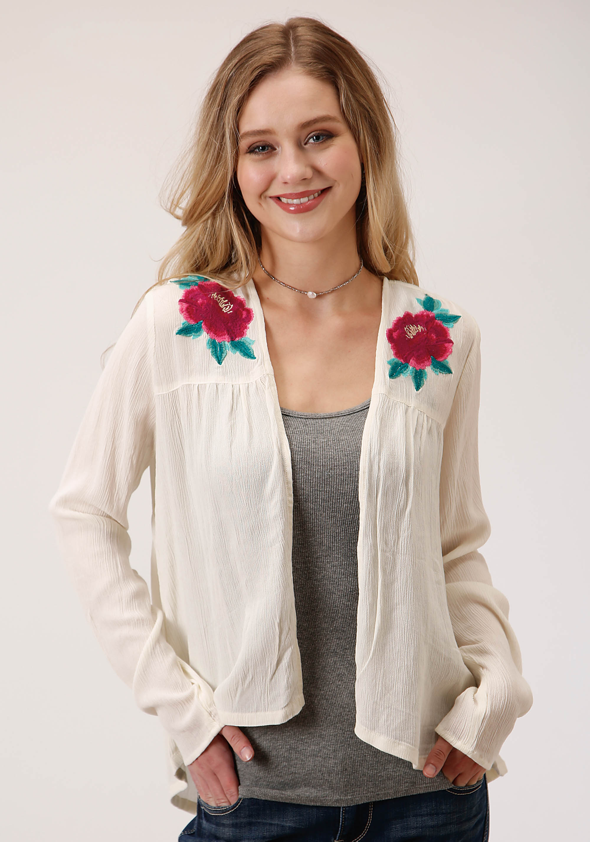 Five Star Collection- Fall Iii Womens Cream 00362 Rayon Crepe Ls Cardigan