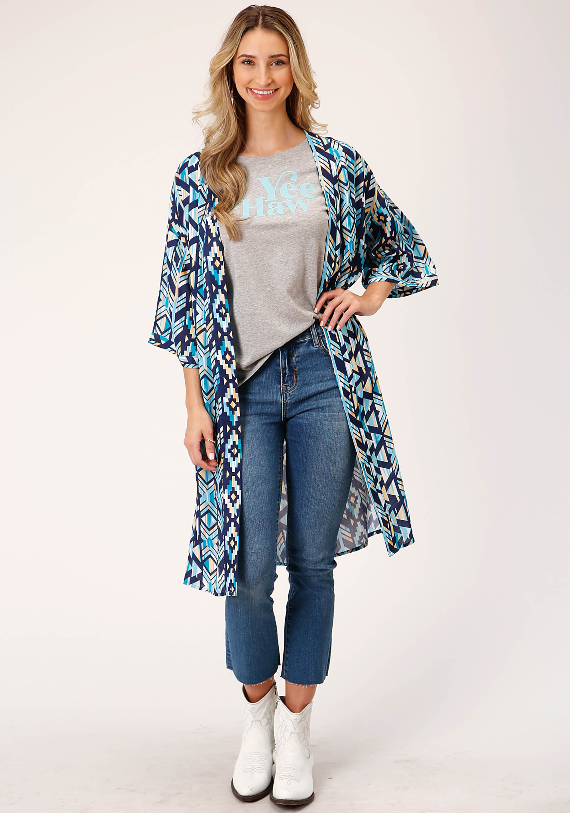 Five Star Collection- Spring Iii Womens Blue 1493 Modern Aztec Print Ss Cardigan