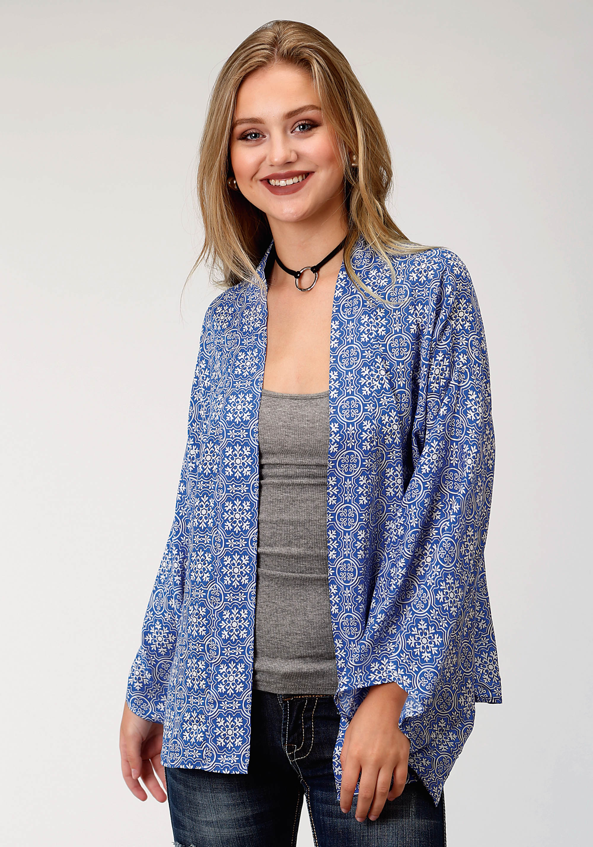 Five Star- Summer Ii Womens 1734 Blue Tile Print Rayon Cardigan