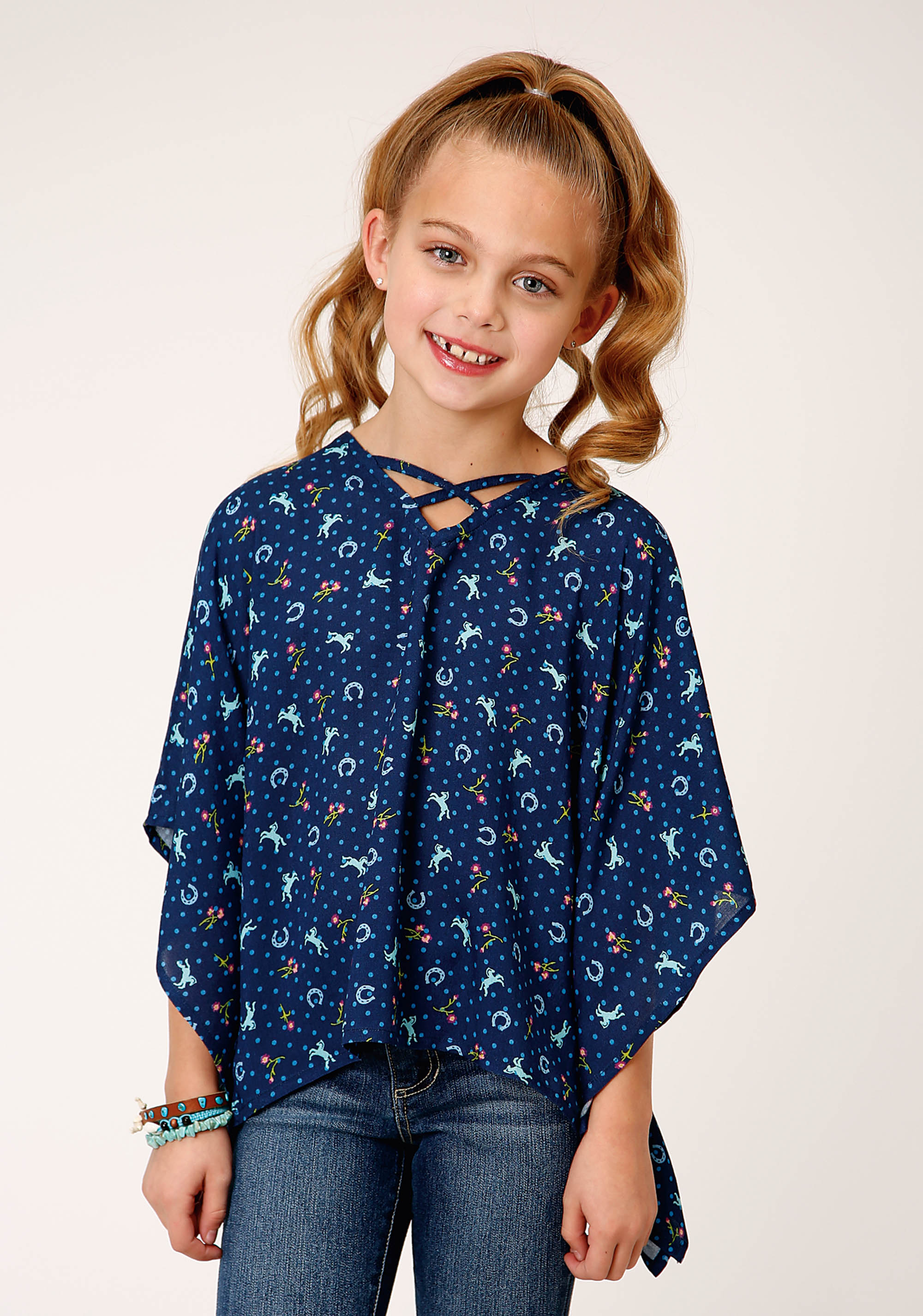 Five Star Girls Girls Blue 00919 Horse Printed Poncho