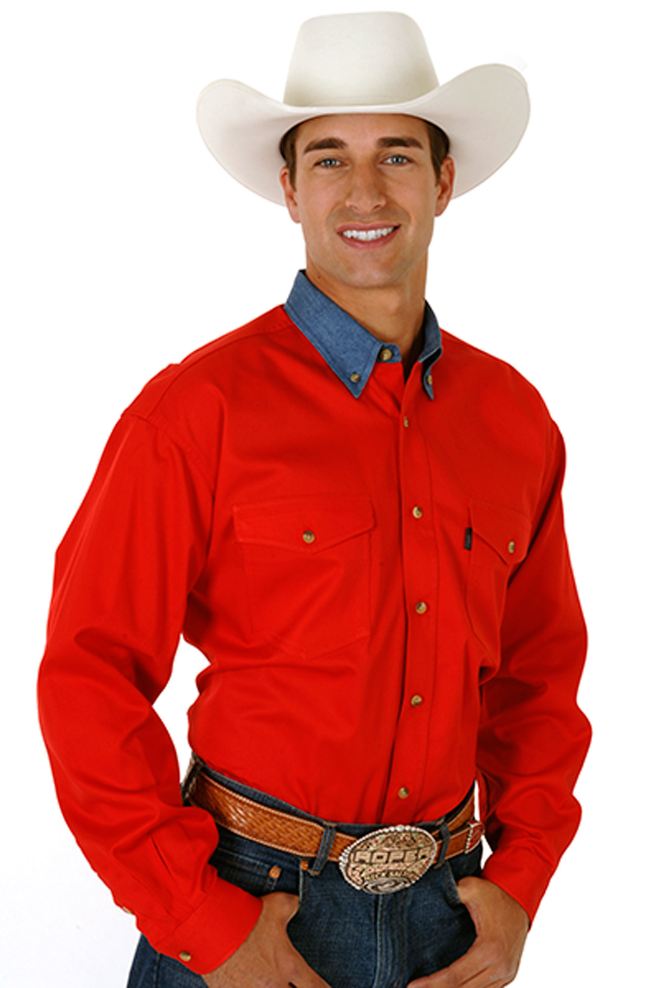 Contrast Collar Collection Mens Red 6oz Twill W/denim Btn Down Collar Ows